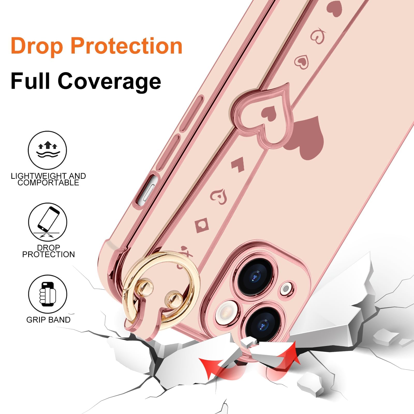 Llz.Coque For Iphone 13 Case Cute Love Heart Plating Strap Phone Cover For Women Girls Bling Soft Silicone Camera Lens Protectio