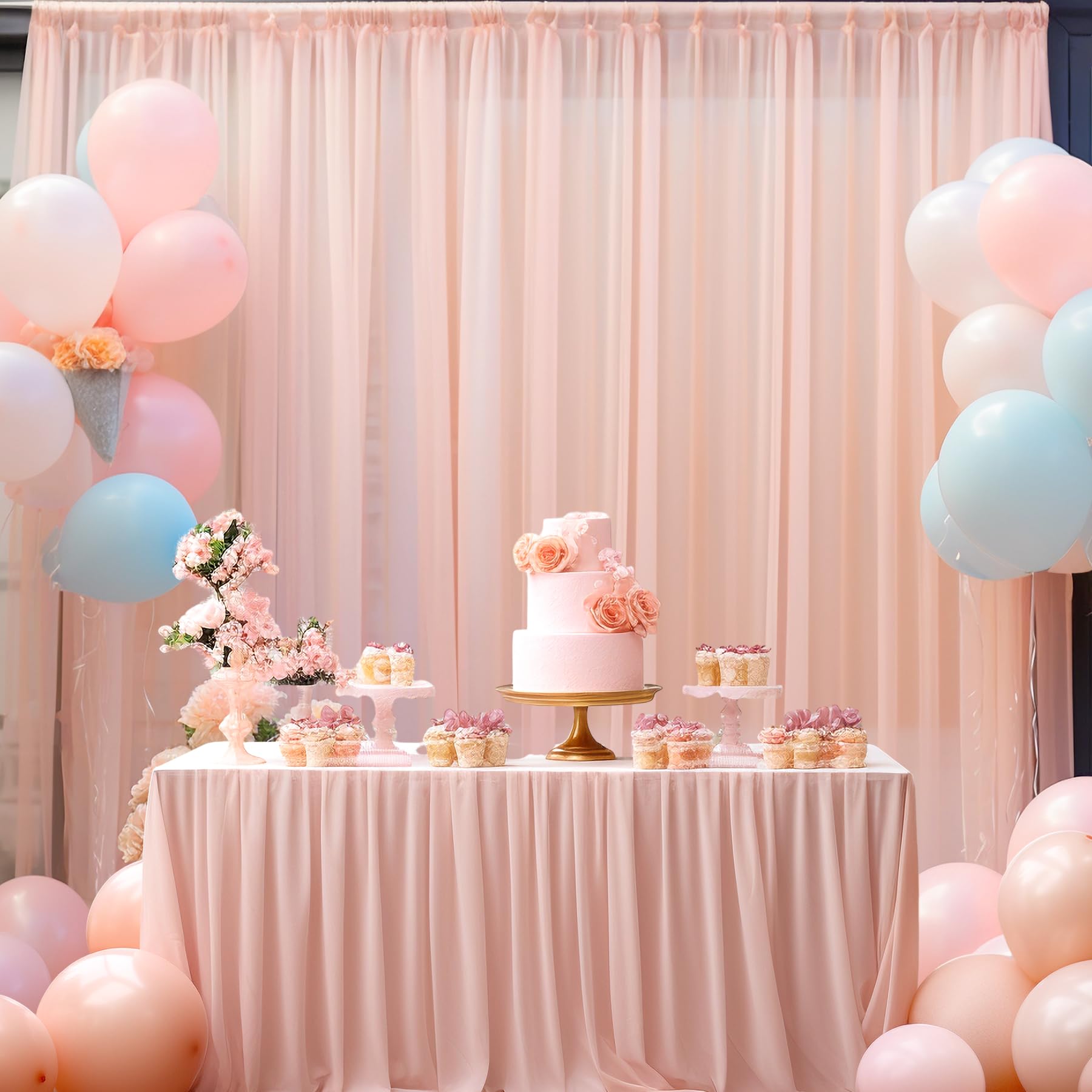 10X10 Peach Tulle Backdrop Curtains For Parties, Sheer Backdrop Curtain Wedding Photo Backdrop Drapes For Baby Shower Photograph