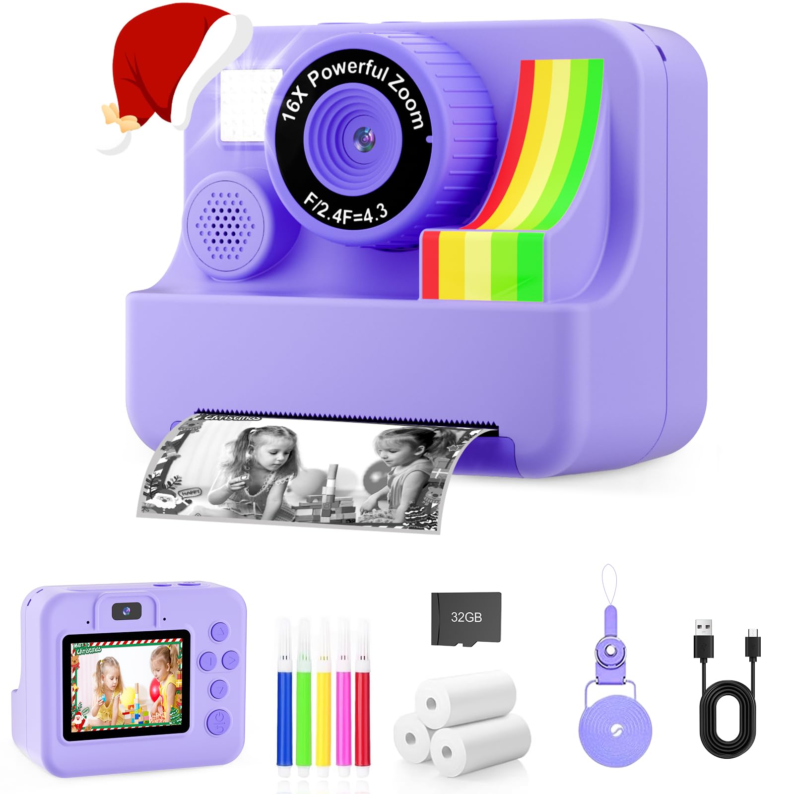 MVNHFSO 1080P Kids Instant Print Camera - Kids Camera for Girls and Boys, Ages 3-12, Portable Toy with 32GB SD Card & 3 Rolls Pr