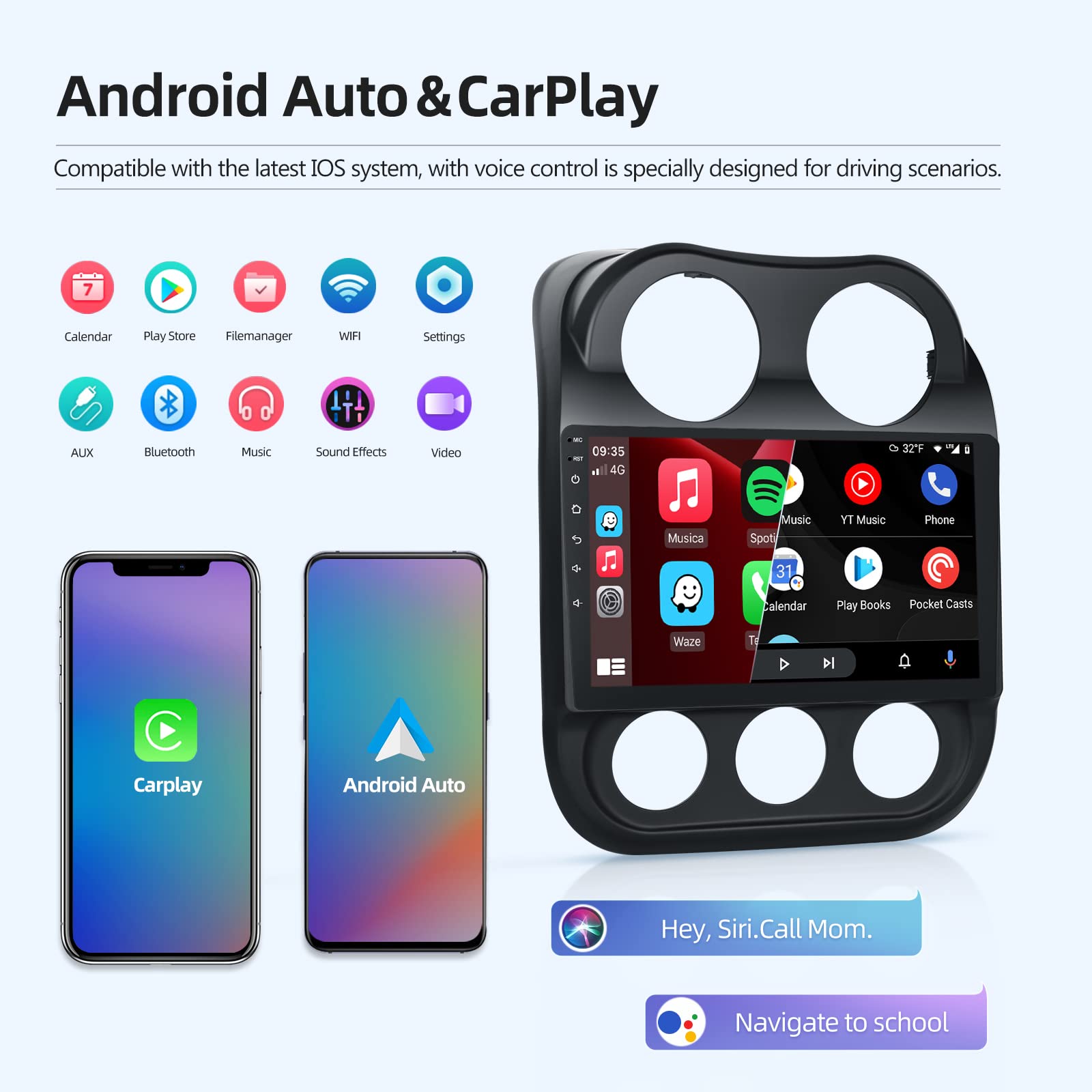 [2+32G] Android 13 Car Radio For Jeep Compass Patriot 2010 2011 2012 2013 2014 2015 2016, 10.1 Inch Touchscreen Bluetooth Stereo