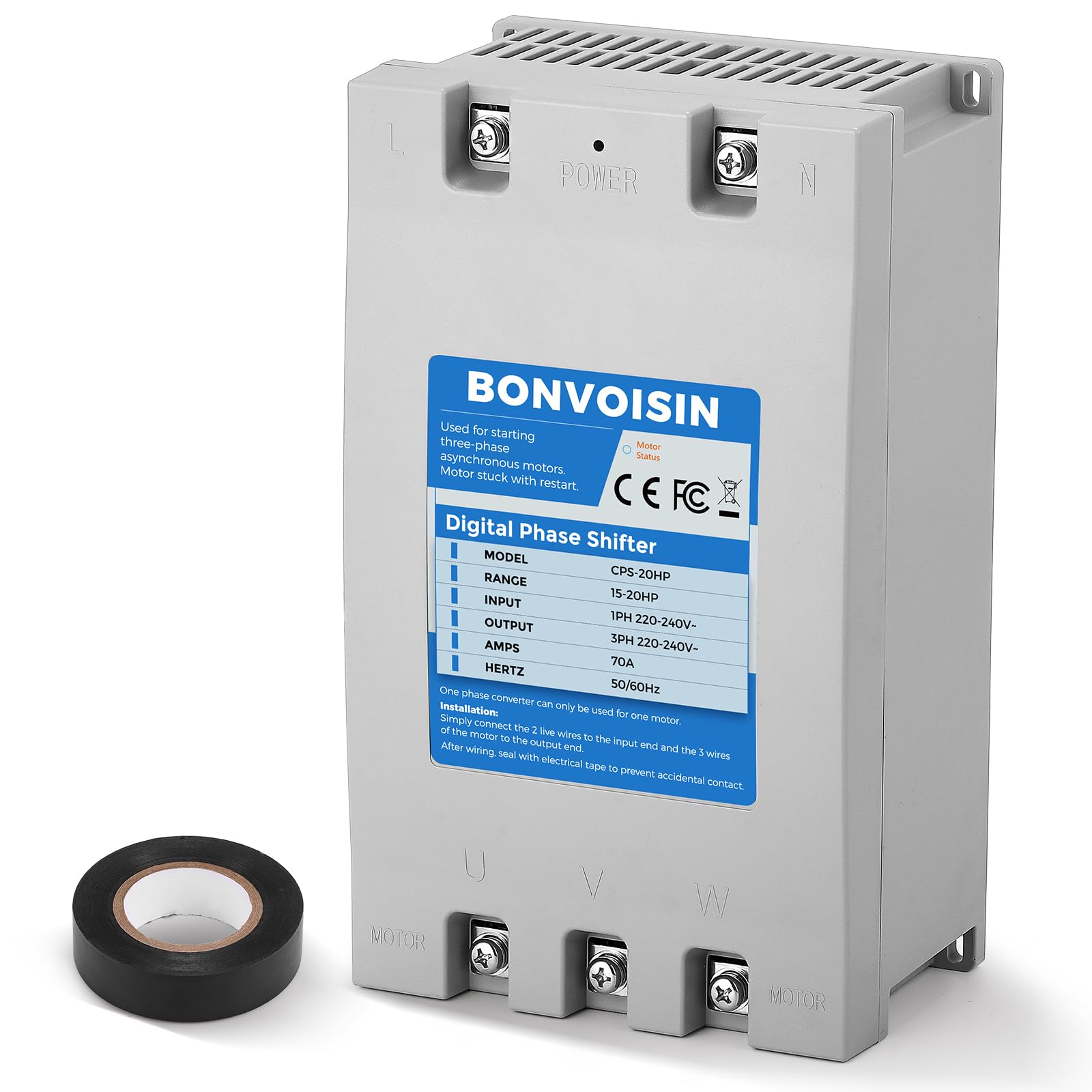 Bonvoisin Single Phase To 3 Phase Converter 20Hp(15Kw) Digital Phase Shifter, 70A 220V 240V Input/Output, One Converter Only For