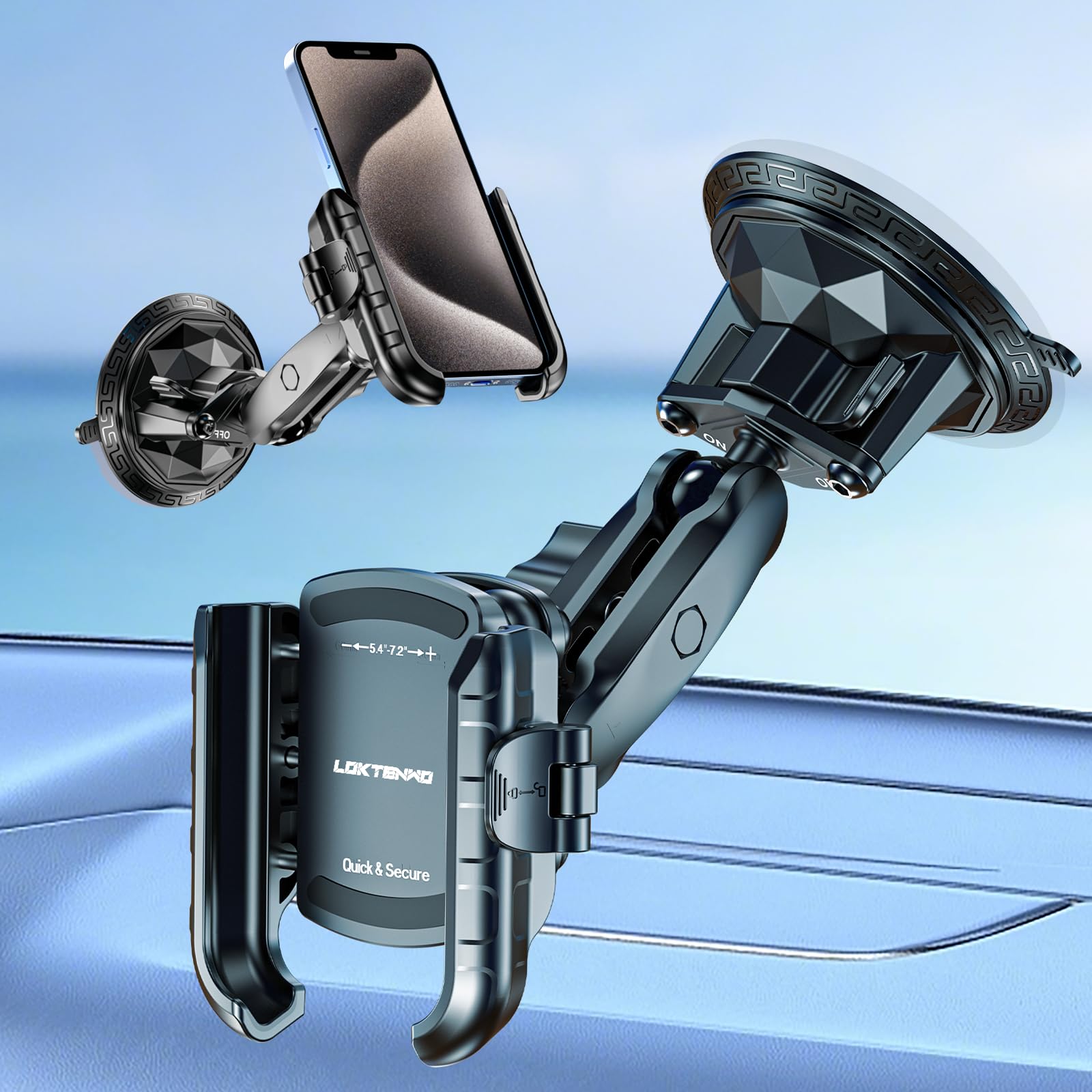 Loktenwo Car Phone Holder Mount With Vibration Dampener & Twist-Lock Suction Cup Base, [Camera Friendly] [1S Lock & Release] Wit