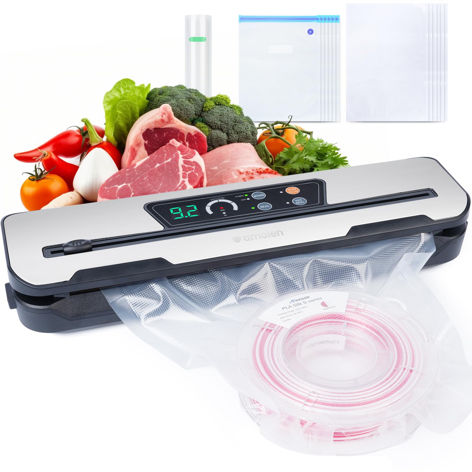 AMOLEN Vacuum Sealer Storage Bags Kit for Filament 20kPa, Dual-Use Vacuum Sealer Machine for Food 60kPa with Build-in Cutter&Sto