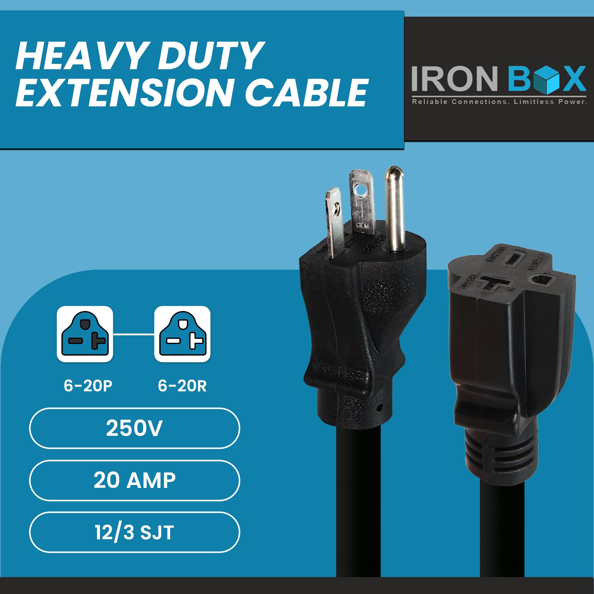 Ironbox Electric   Nema 6 20 Extension Cord   12/3 Sjt Jacket, 20A, 250V Extension Cord   Compatible With Any Generator Equipped