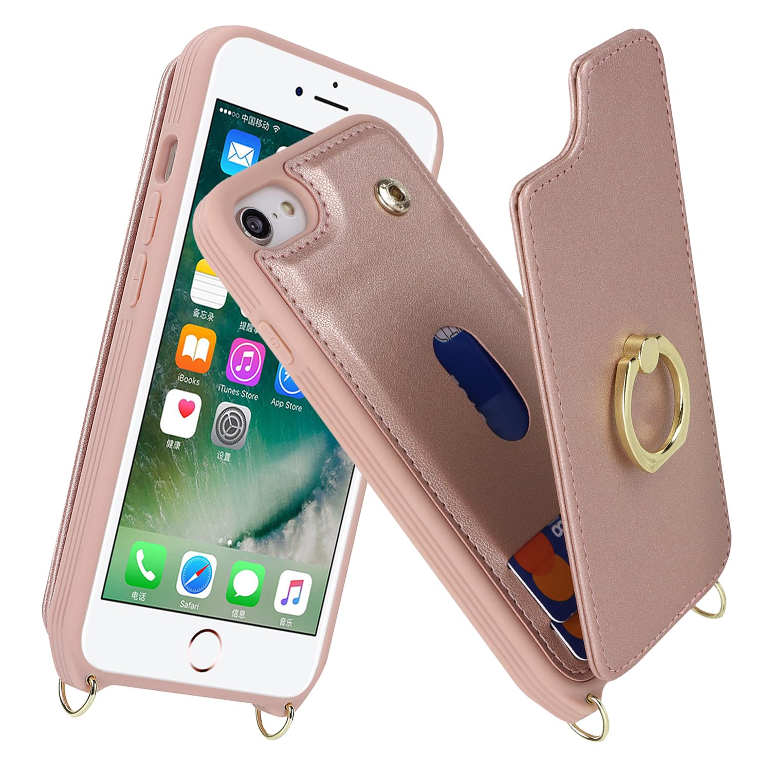 Lipvina For Iphone 7 Plus / 8 Plus Case With Card Holder And Strap For Women,Crossbody Lanyard,Kickstand Ring Stand,Snap Clasp,P