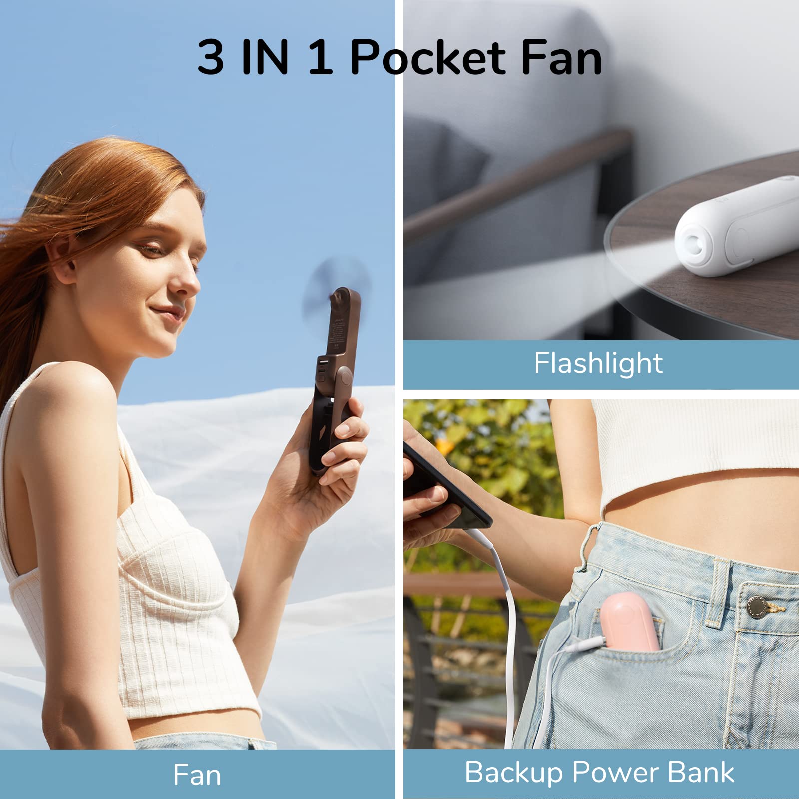 Jisulife Handheld Mini Fan, 3 In 1 Hand Fan, Usb Rechargeable Small Pocket Fan [12 19 Working Hours] With Power Bank, Flashlight