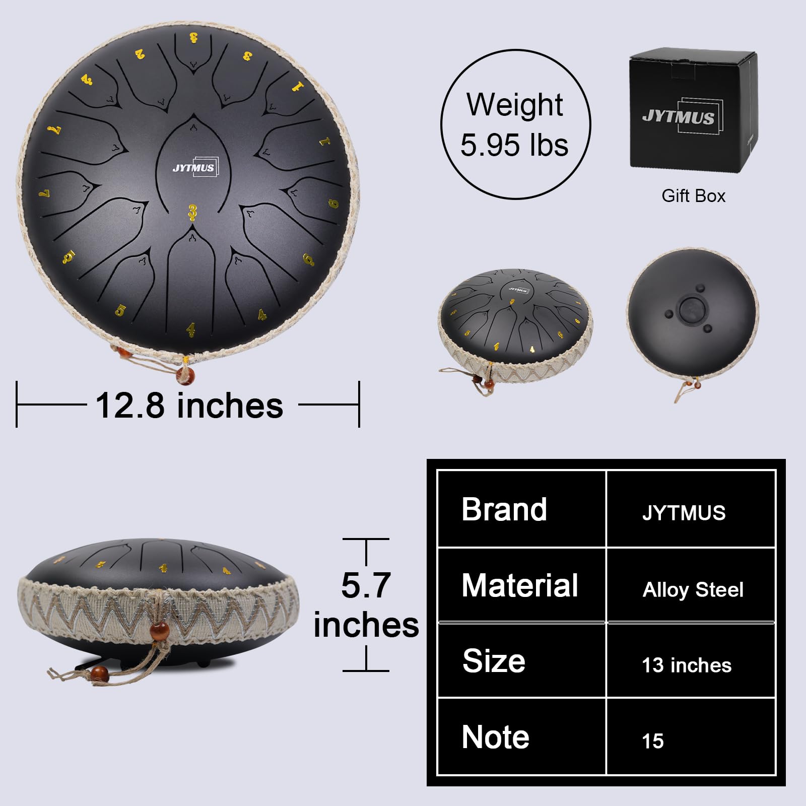 Jytmus Steel Tongue Drum 15 Notes 13 Inches Steel Drum With Drum Bag, Music Book, Drum Mallets, Mallet Holder, Finger Picks And