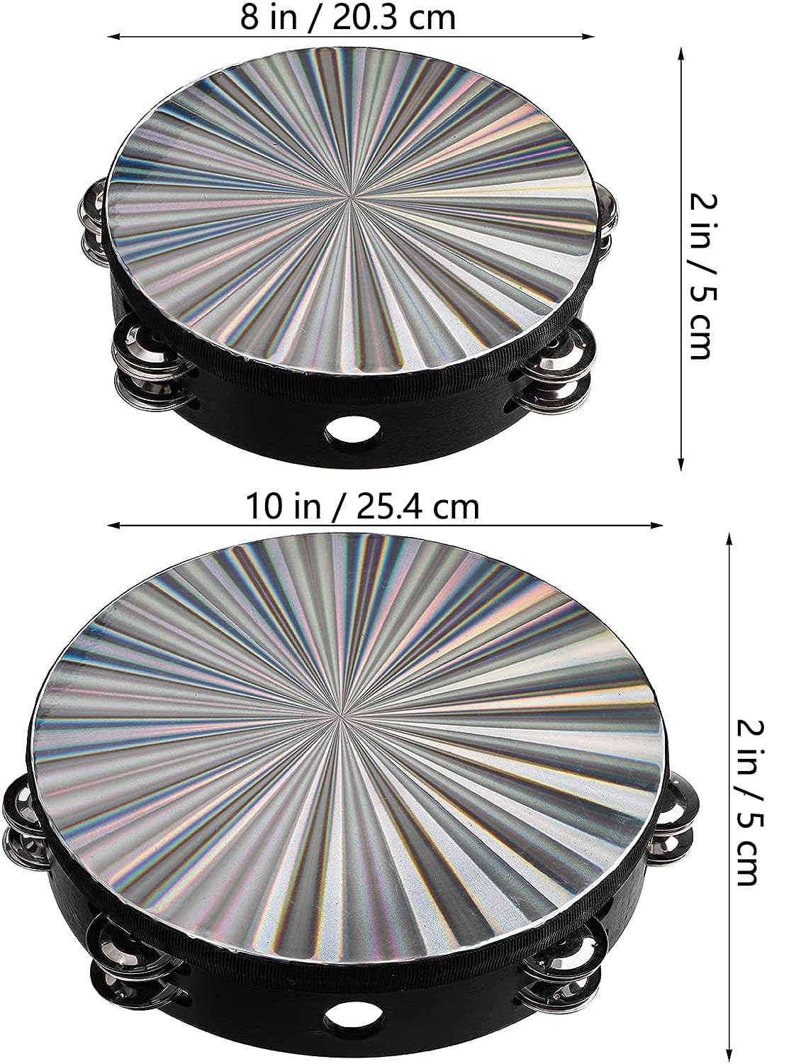 Youeon 2 Pack Radiant Tambourine With Double Row Jingles, 8/10 Inch Wood Handbell Music Reflective Drum, Hand Drum Percussion In