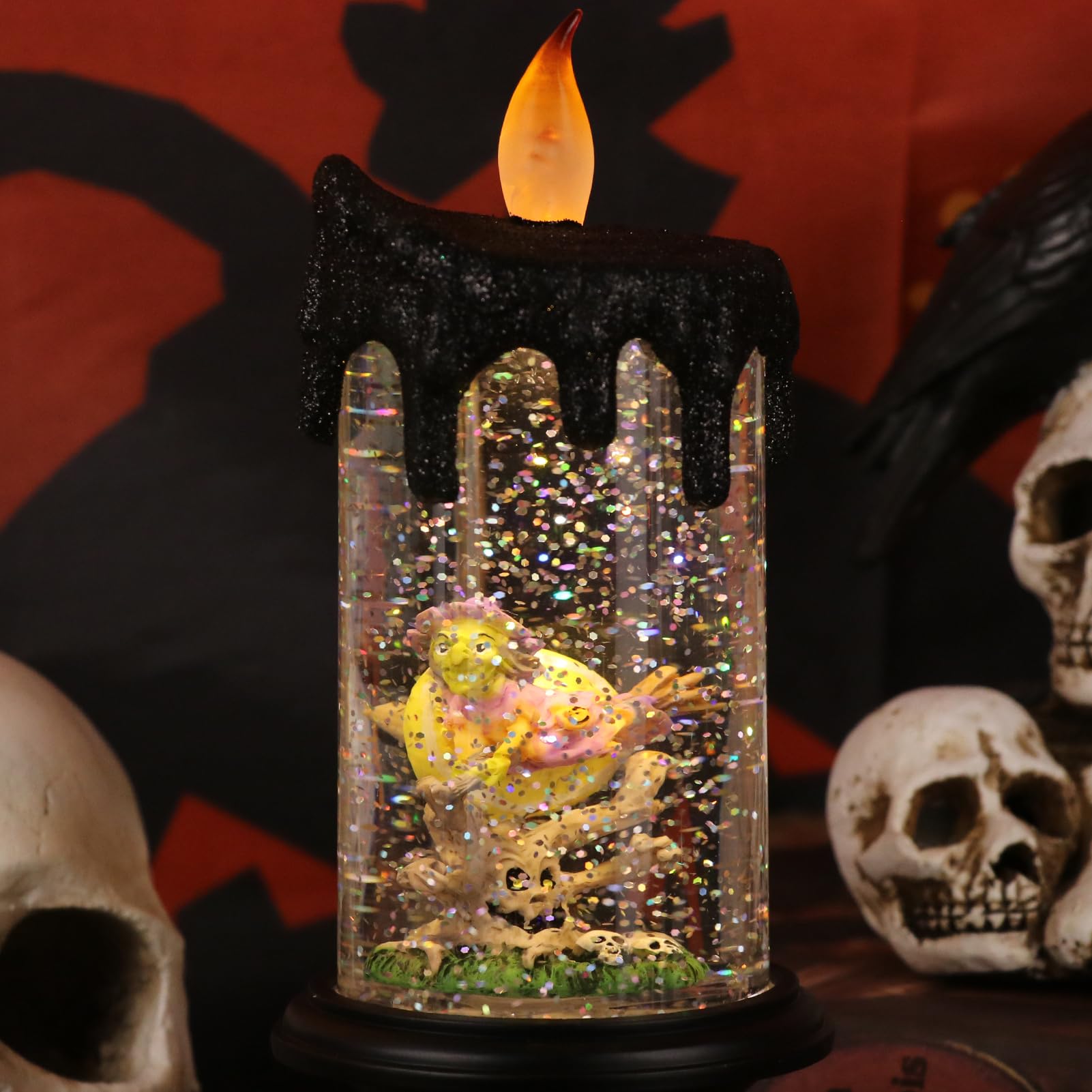 Eldnacele Halloween Snow Globe Candle Battery Operated Lighted Flameless Candles Light Swirling Water Glittering Spinning Candle