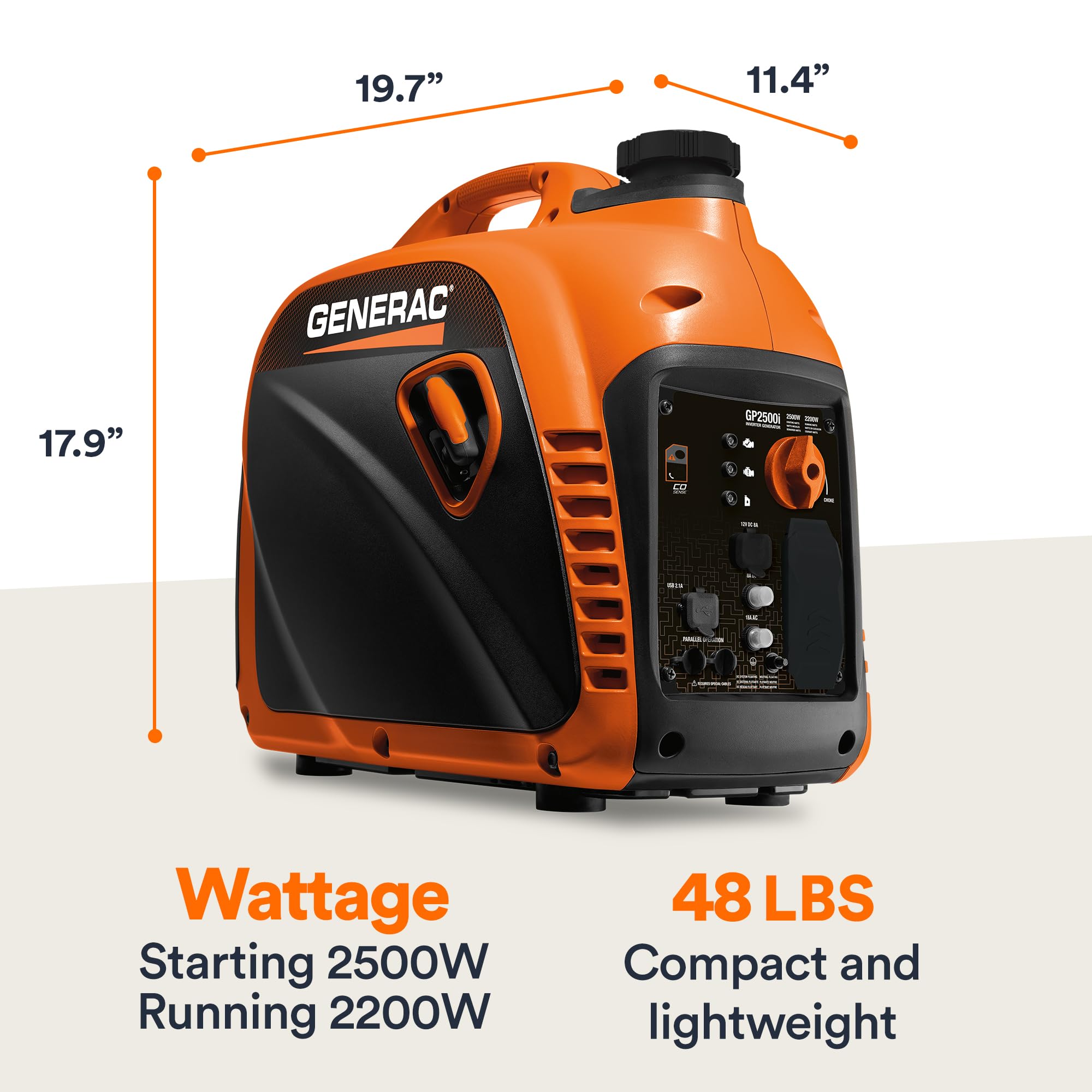 Generac 8250 Gp2500I 2,500 Watt Gas Powered Portable Inverter Generator   Compact And Lightweight Design With Parallel Capabilit