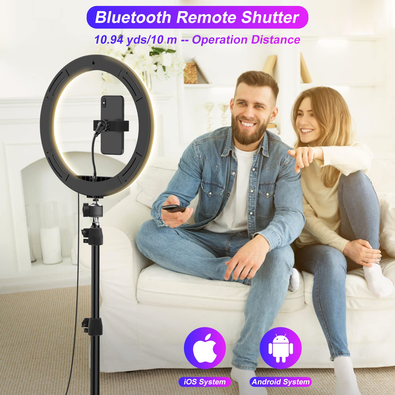 STALLY 12.3 RGB Ring Light with 75 Stand & Dual Phone Holders, 3 CCT & 29 Color Modes, Remote Shutter - Perfect for Live Streaming & Makeup