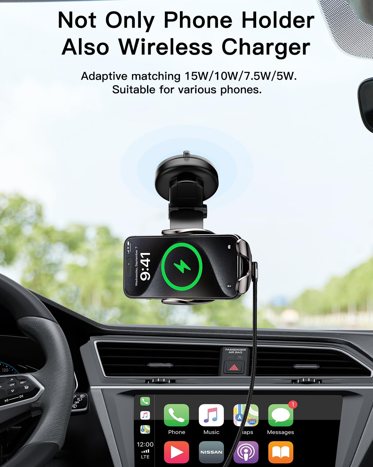 Wireless Car Charger, Essager 15W Fast Charging Car Phone Holder Mount Auto Clamping Cell Phone Stand For Iphone 15 14 13 12 11