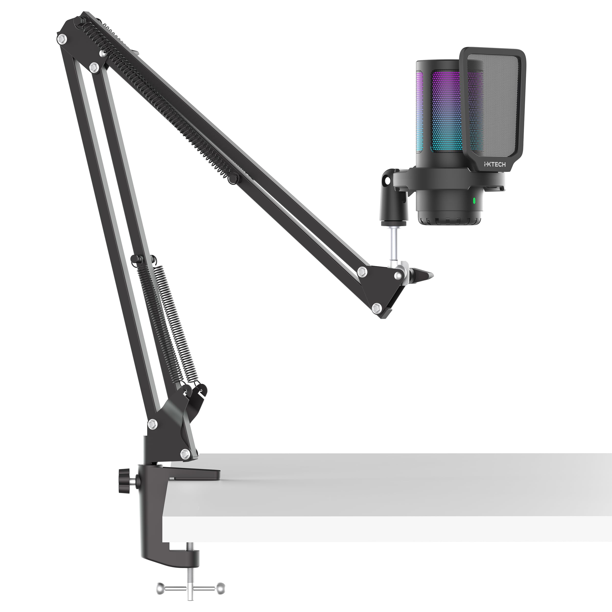 Ixtech Gaming Microphone For Pc With Boom Arm, Podcast Condenser Mic With Pop Filter, Quick Mute Button, Gain Knob, Mic Arm And