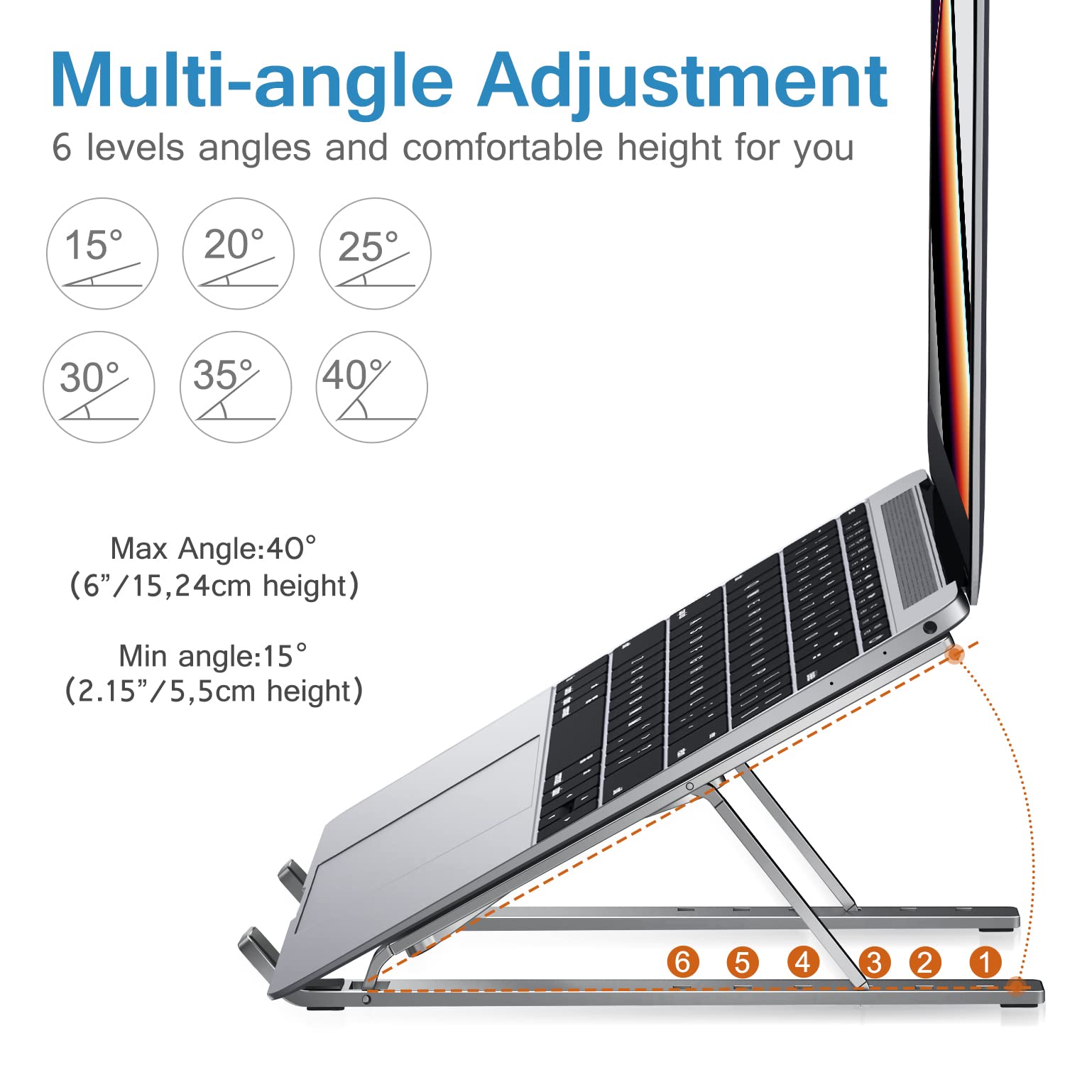 Ivoler Laptop Stand, Laptop Holder Riser Computer Tablet Stand, 6 Angles Adjustable Aluminum Ergonomic Foldable Portable Desktop Holder Compatible With Macbook,Ipad, Hp, Dell, Lenovo 10 15.6� Gray