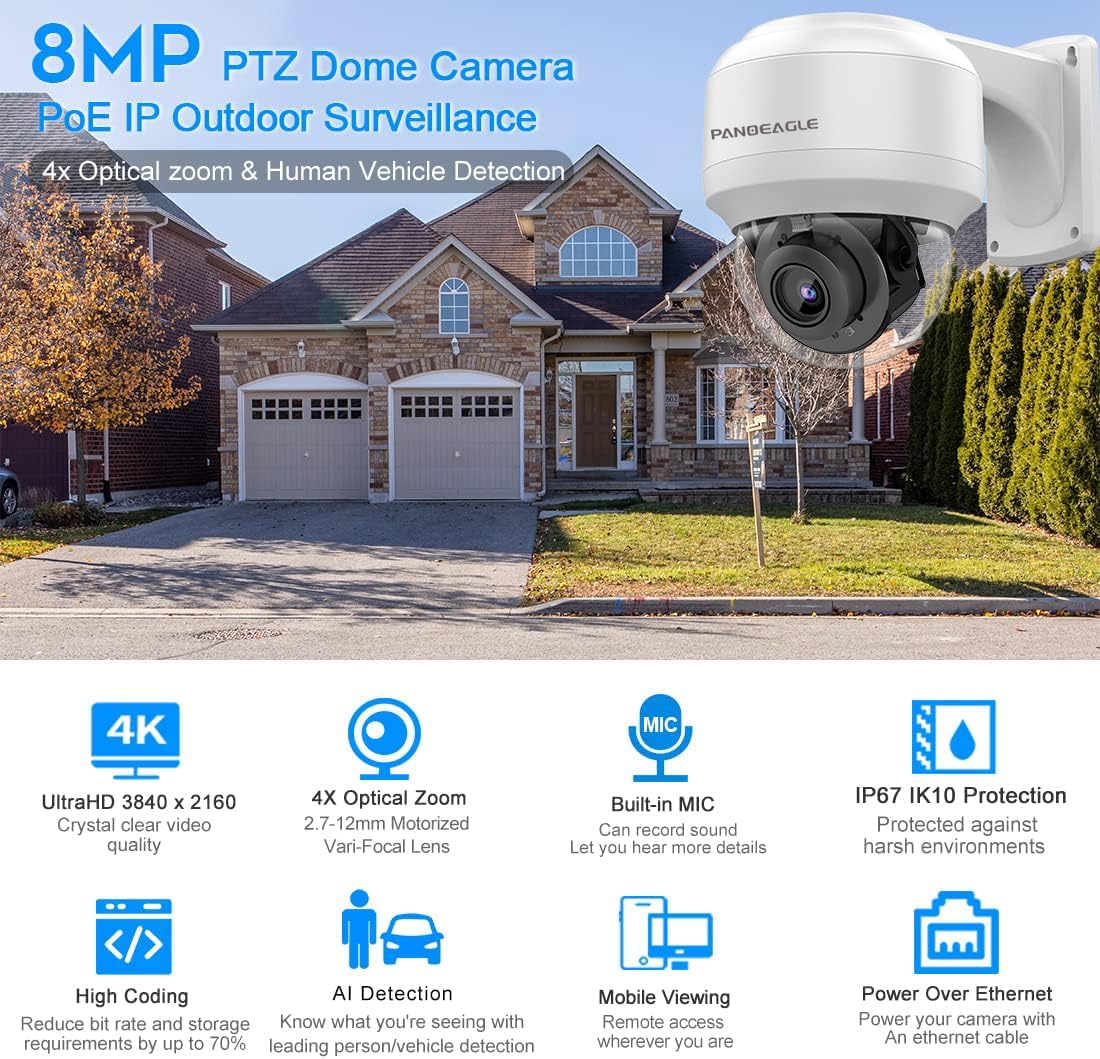 Panoeagle Outdoor 8Mp Ptz Poe Ip Camera Dome With Pan Tilt 4X Optical Zoom Motorized Lens, Built In Mic, Human Vehicle Detection