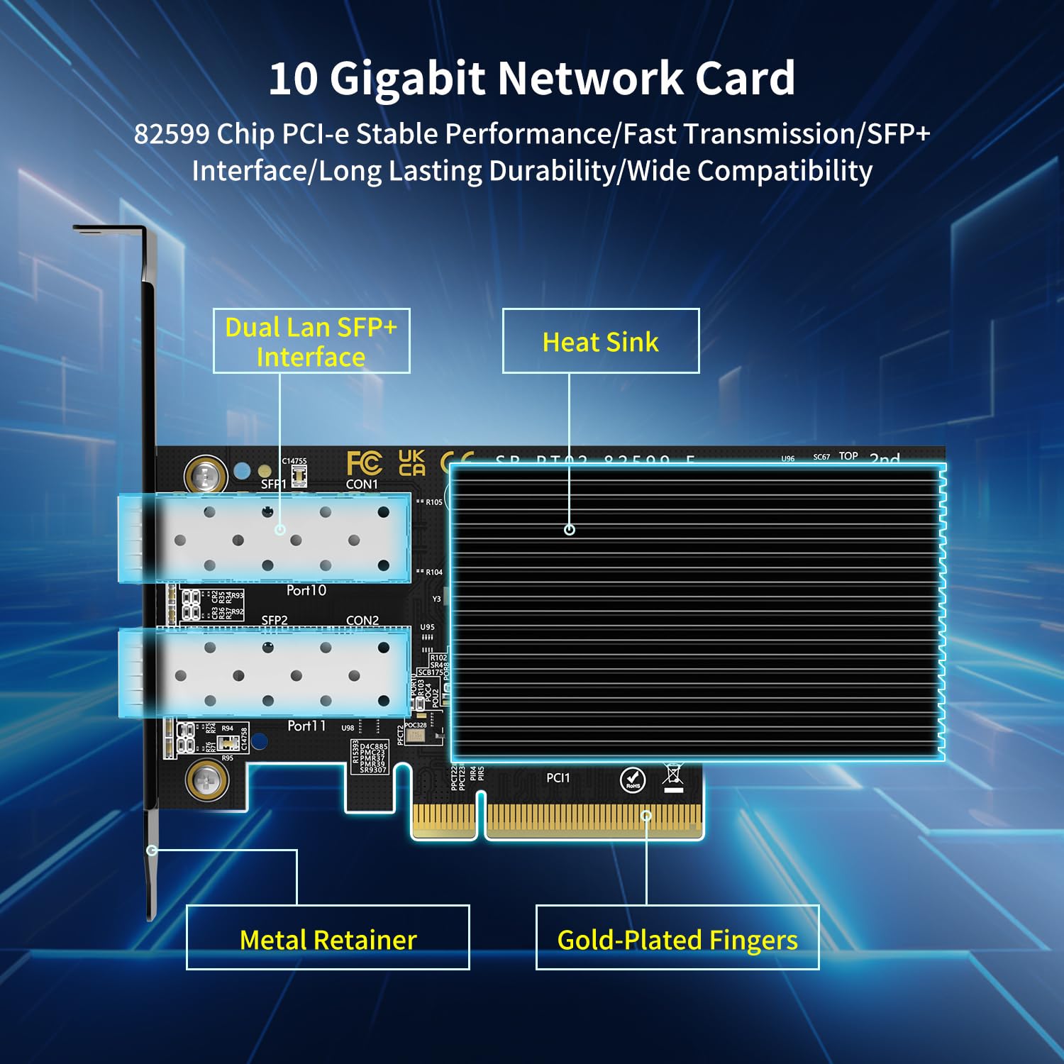 10Gb Ethernet Card With 82599Es (X520 Da2) Controller, Gigaplus 10Gb Pci E Network Card Adapter, Dual Lan Sfp+ Ports, Supports W