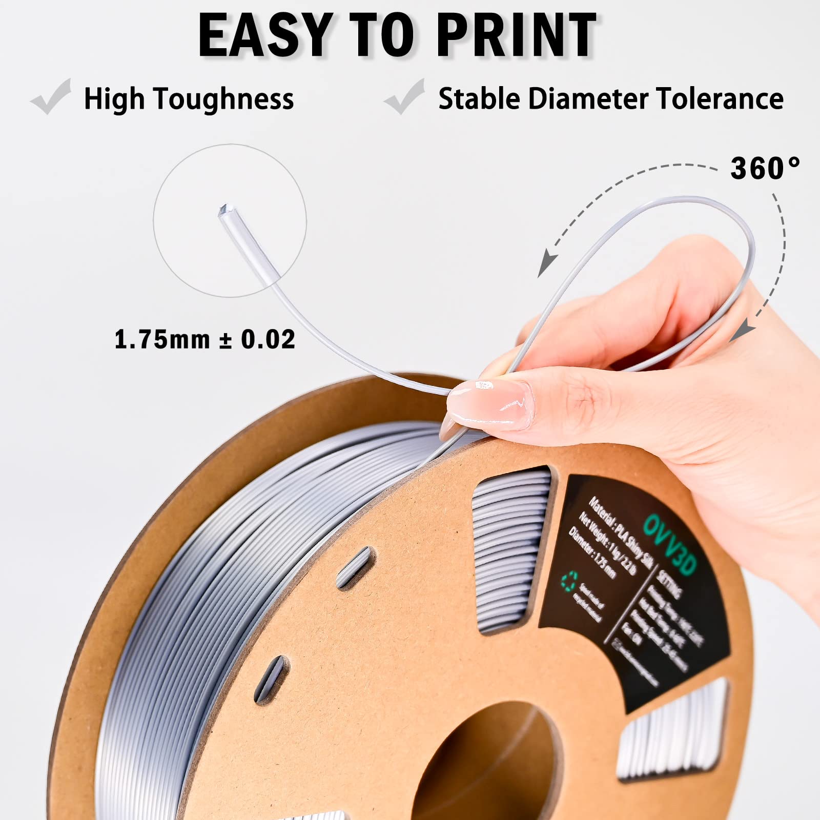 Ovv3D Silk Pla Filament 1.75Mm, Upgrade Silver Pla Filament 3D Printer Filament, Silk Silver Metal 3D Printing Filament, 3D Fila