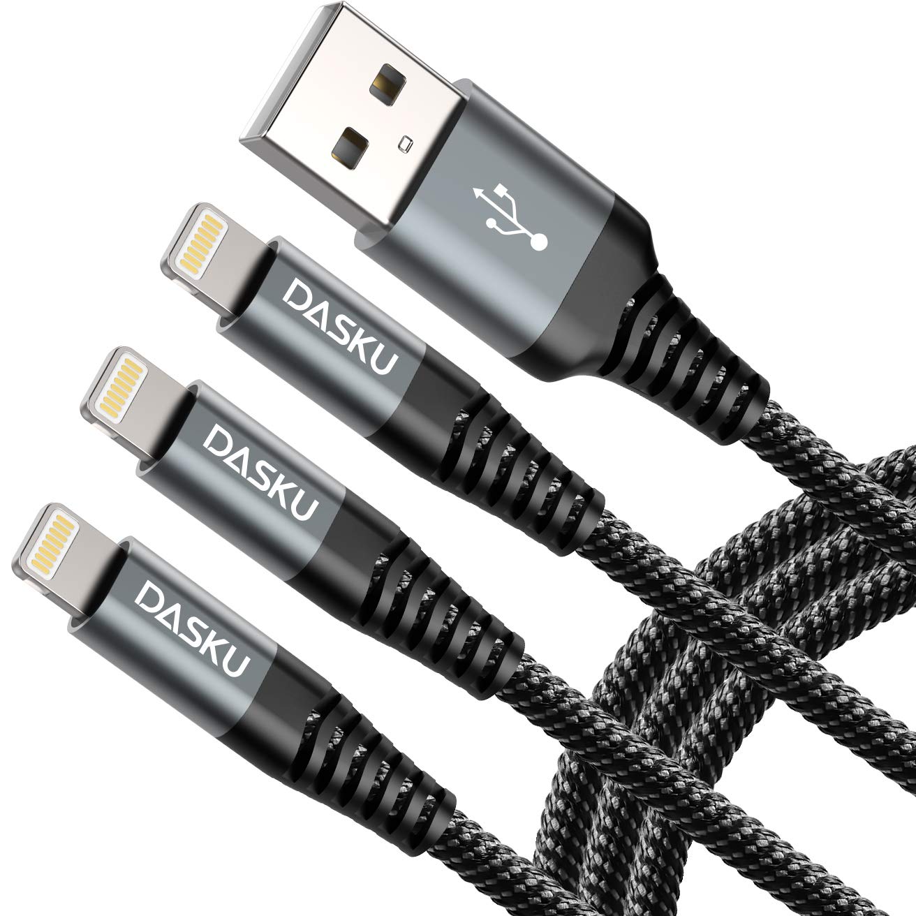 Dasku Lightning Cable 3Ft 3Pack Nylon Braided Heavy Duty Iphone Charger Cord Black Compatible With 14/13 / 12/11 Pro Max/X/Xs Ma