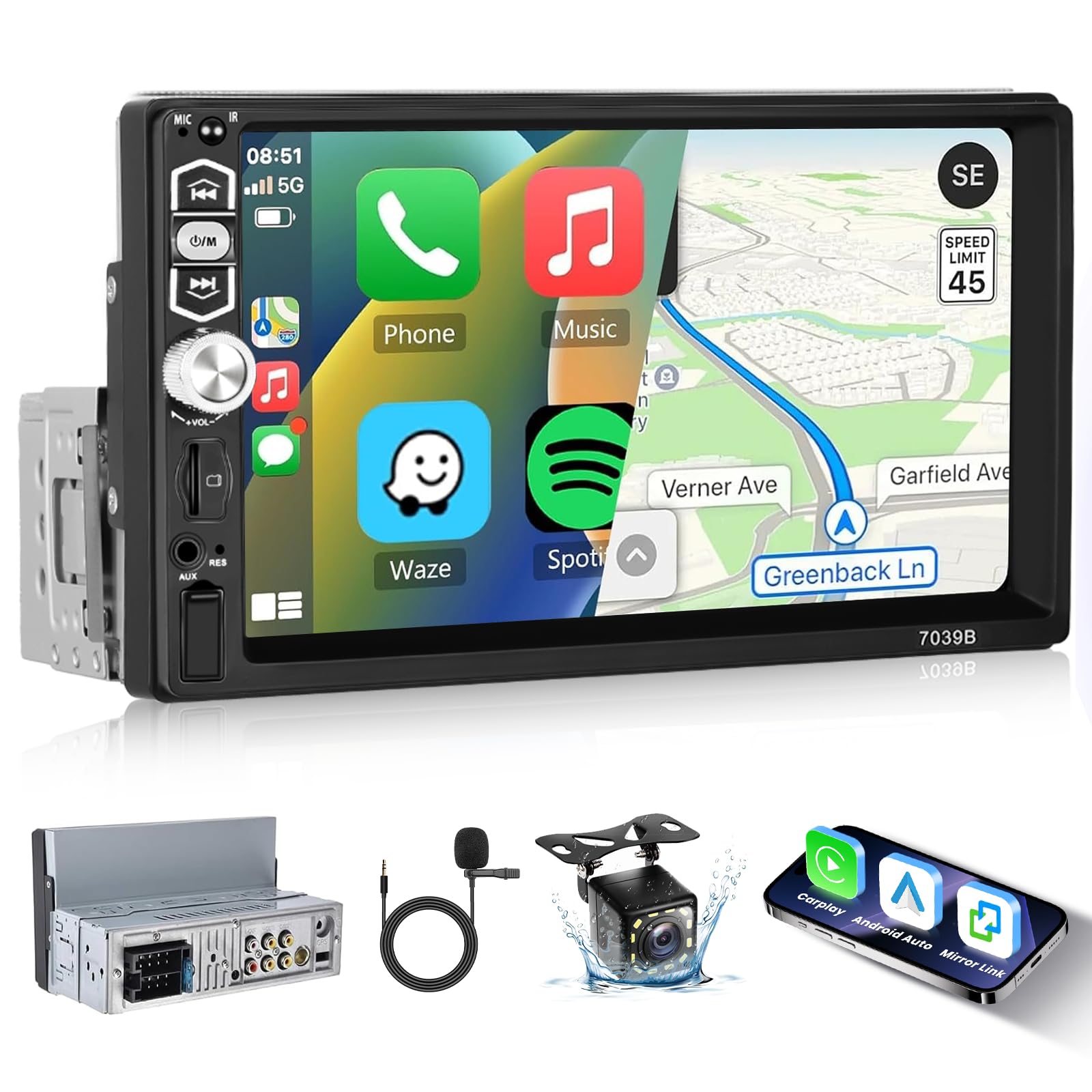 Hodozzy Single Din Car Stereo 7 Inch Touchscreen With Carplay Android Auto Bluetooth 5.1 Car Radio 1 Din Support Mirror Link Fm