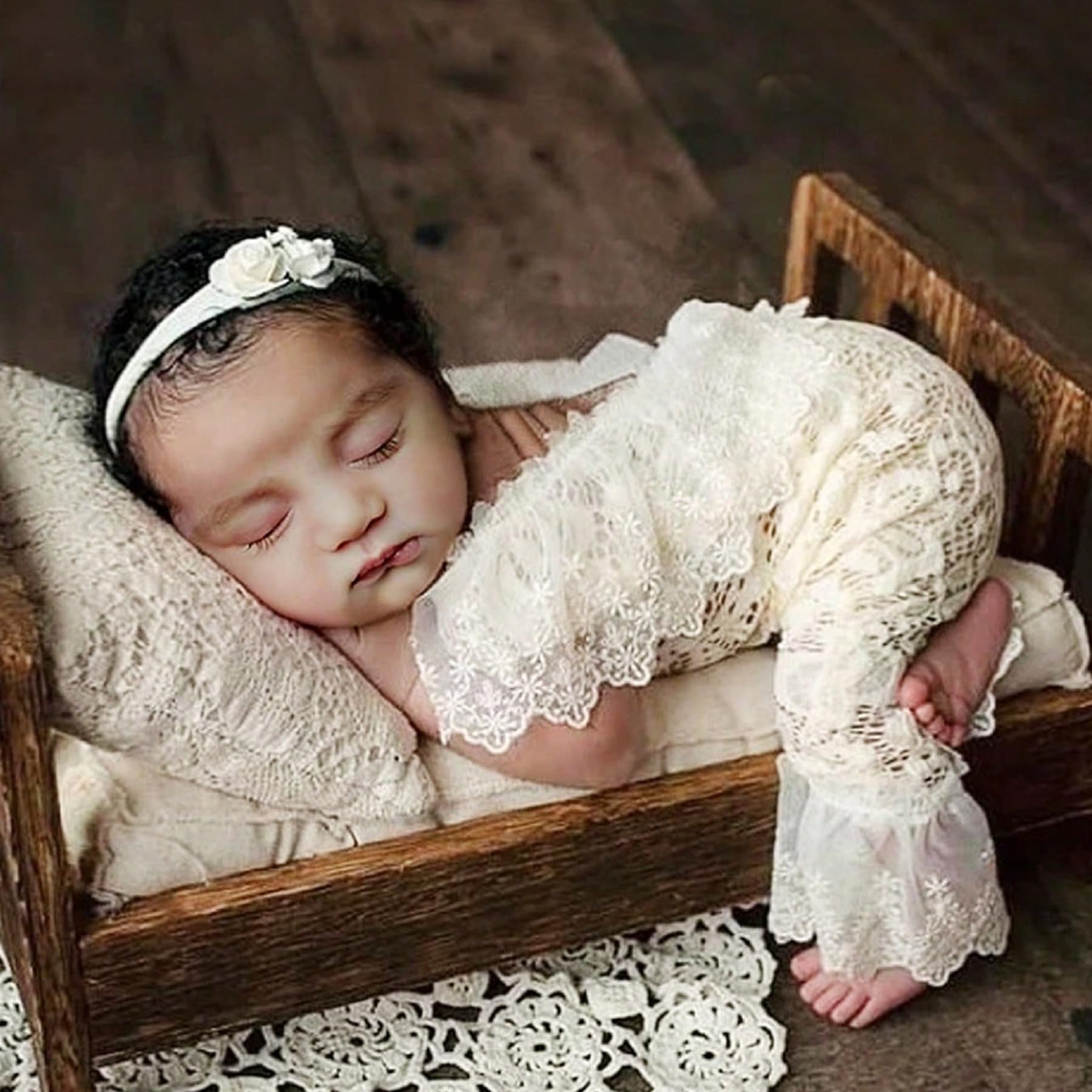 Holibeat Newborn Girl Photography Props Baby Girl Photoshoot Outfits Infant Beige Girl Lace Romper Costume 0 2M (Beige)