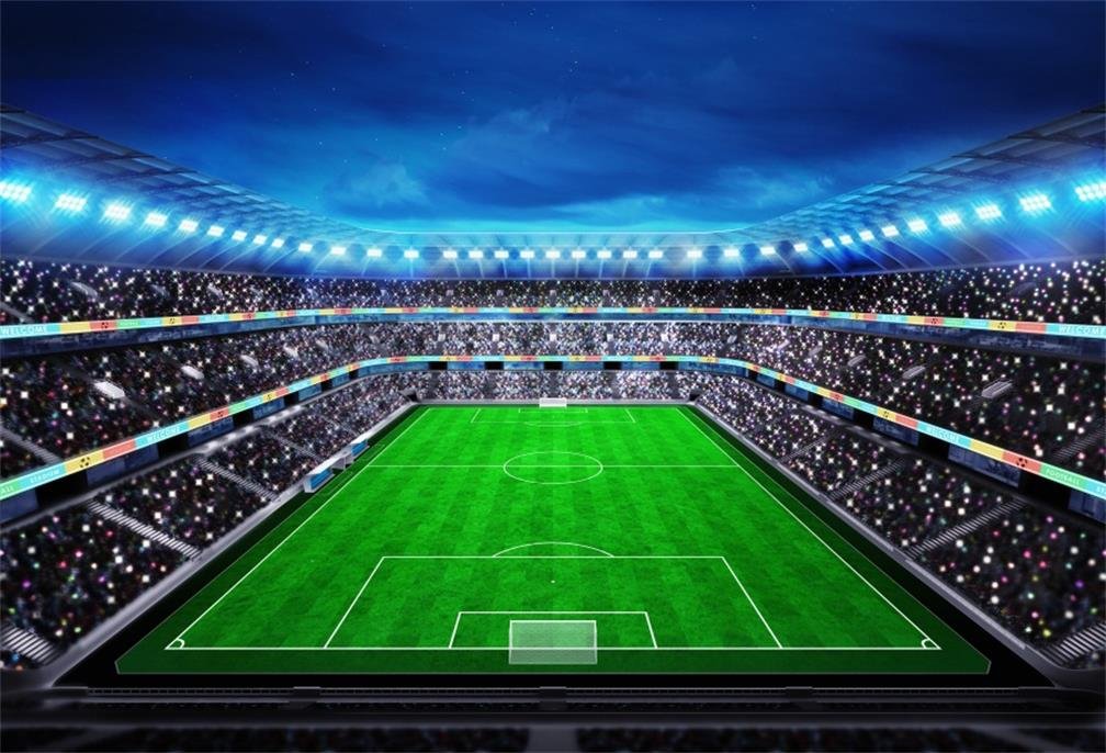 Aofoto 7X5Ft Night Illuminated Football Arena Stadium Backdrop Soccer Pitch Fans In The Stands Photography Background Spotlight League Match Court Team Game Filed Lines Goal Gate Photo Studio Props