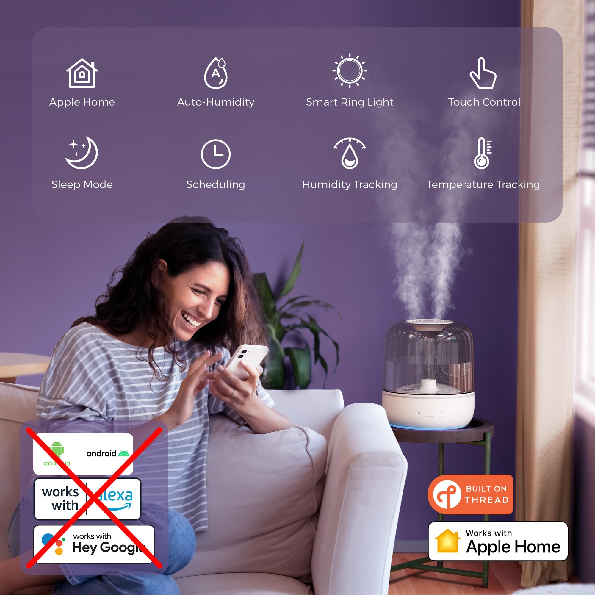 Airversa Humidifiers For Home Bedroom Large Room Smart Works With Apple Home Over Thread 5.5L Cool Mist For Indoor Use App/Voice