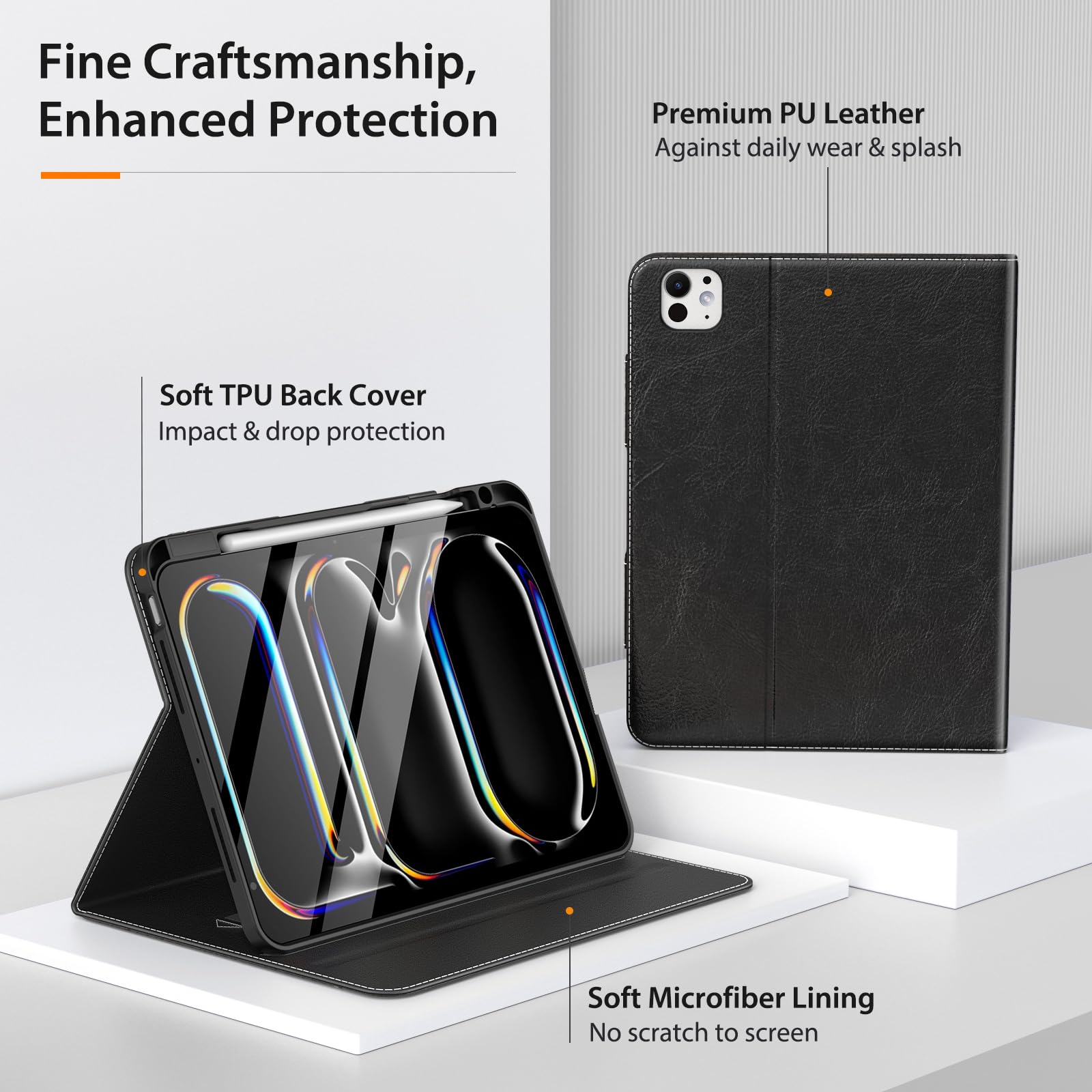 MoKo Case for iPad Pro 11 Inch M4 2024 (5th Generation) with Pencil Holder & Pocket, Built in Hand Strap, Multi Angle Viewing, Premium PU Leather Folio Cover for iPad Pro 11 2024, Black