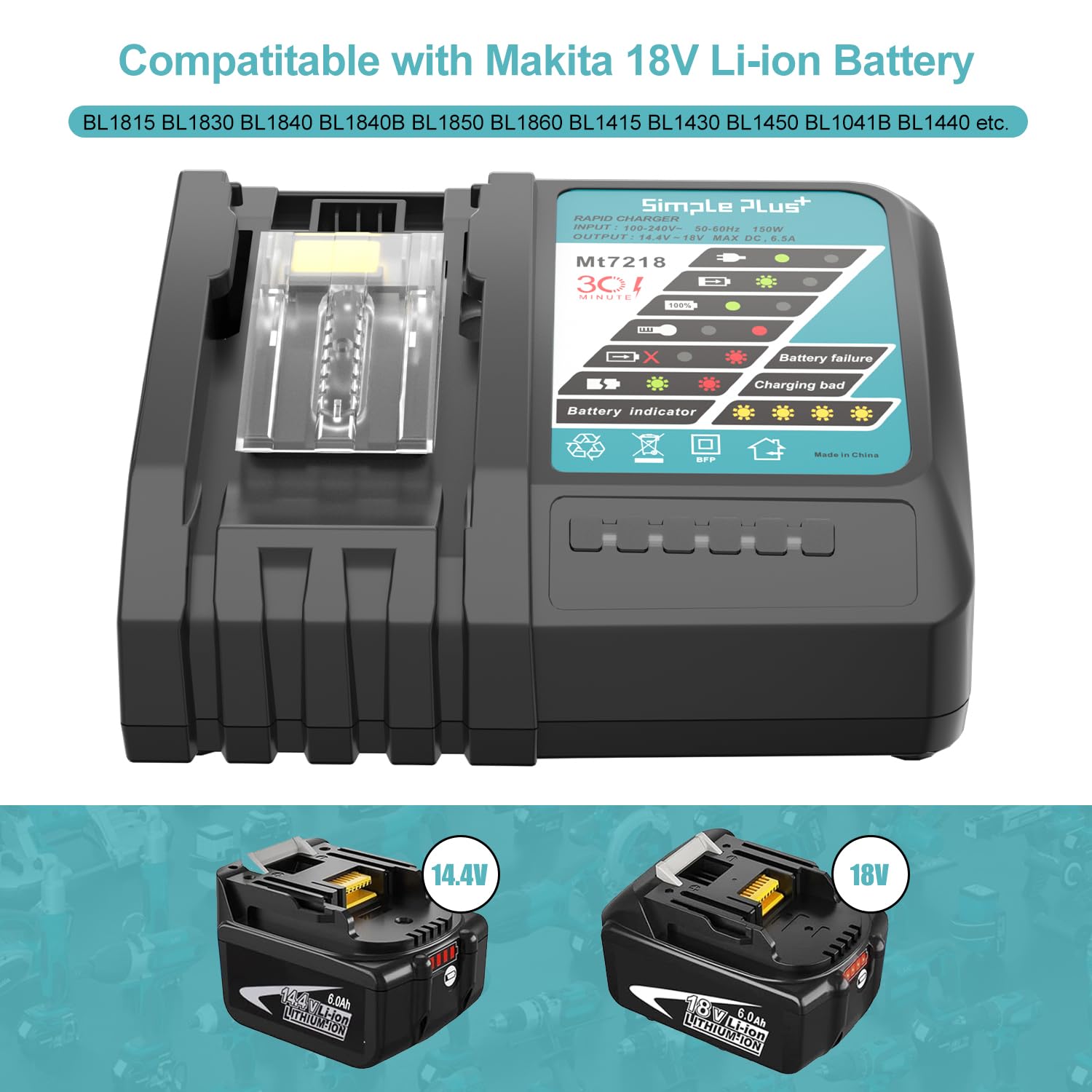 Lithium Ion Battery Charger 14.4V 18 Volt With Led Screen Replacement For Makita Lithium Ion Batteries Bl1850 Bl1840B Bl1820 Bl1