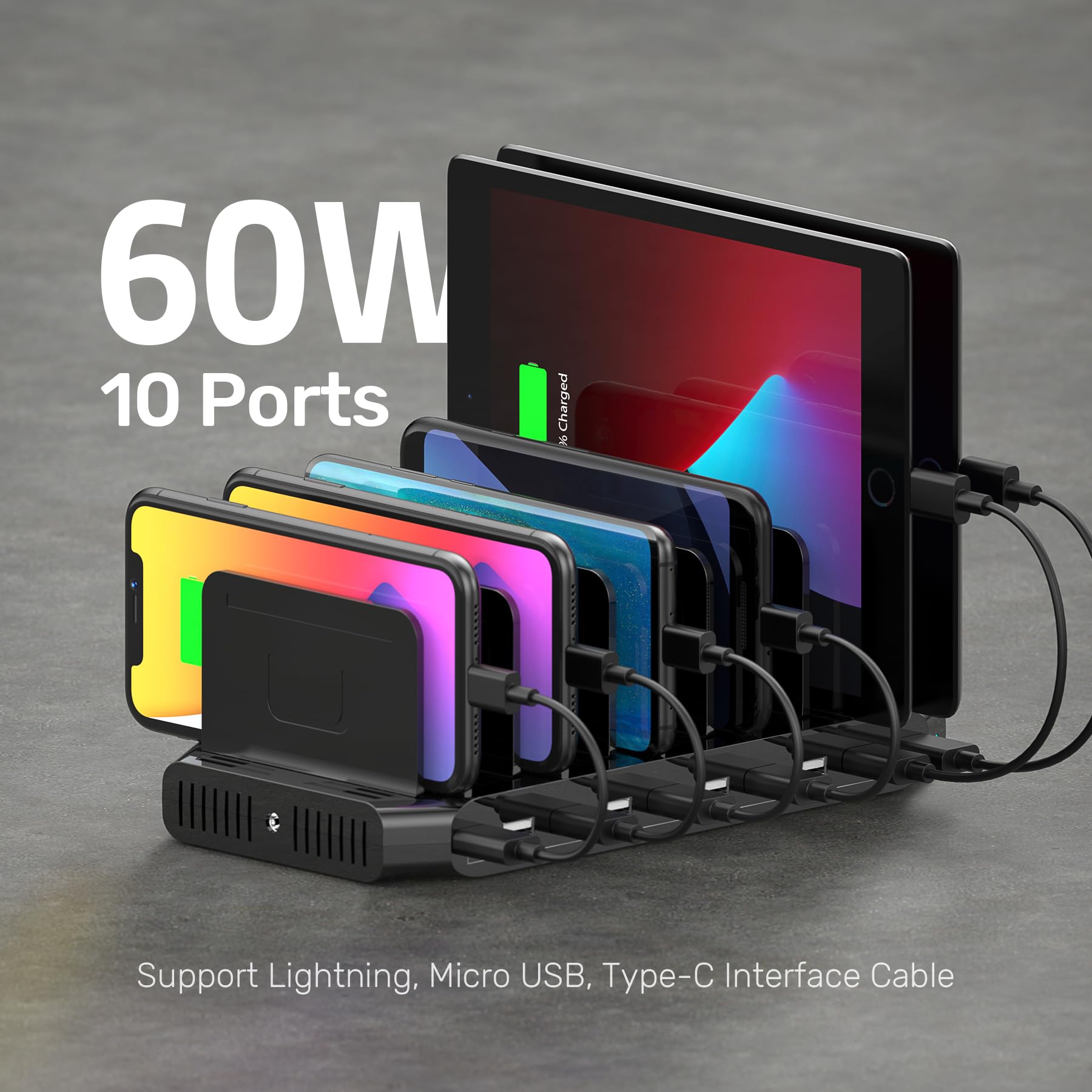 Unitek Usb Charging Station, 10 Usb Fast Ports Charge Docking Station And Adjustable Dividers, Multi Device Charger Organizer Co