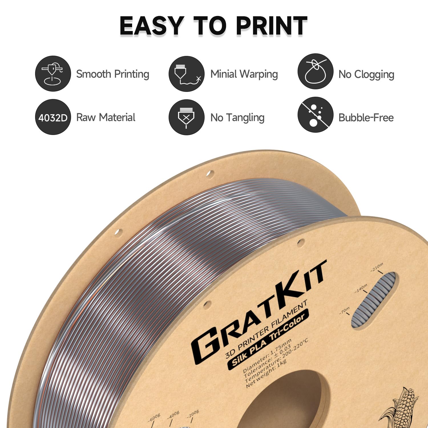Gratkit Silk Tri-Color Pla Filament,Coextrusion Pla Filament 1.75Mm, +/-0.03Mm, 1Kg/Roll, Silk Pla Gold & Copper & Silver