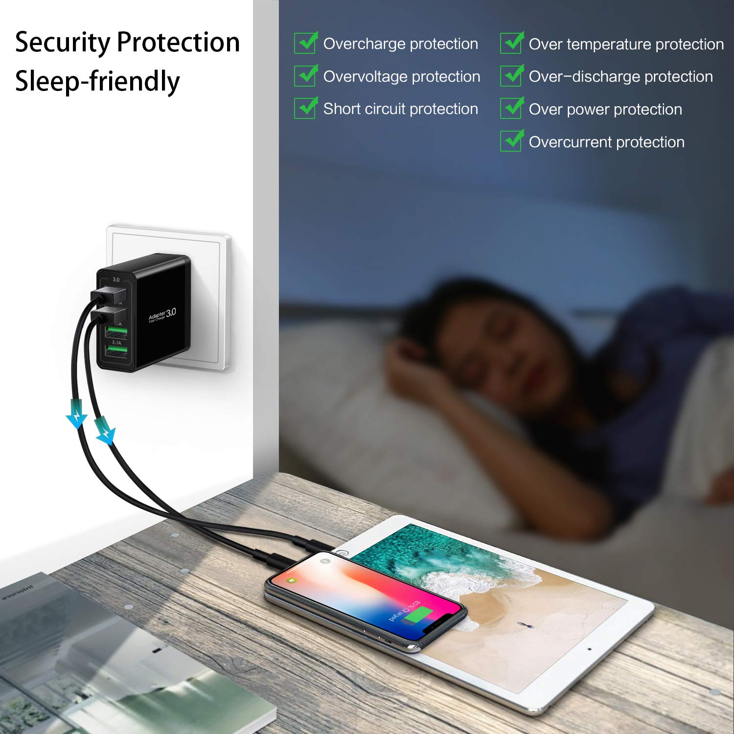 Fast Charging 30 Wall Charger, 4 Ports Usb Wall Charger, Iseekerkit 30 Usb Charger With Fast Usb Adaptive Adapter Block Compatib