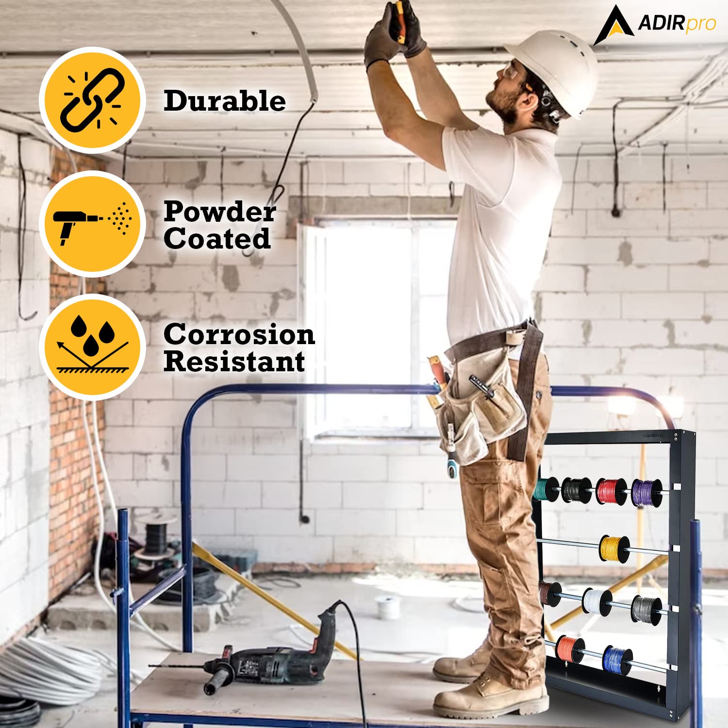 Adirpro Wire Spool Rack   Superior Strength Wire/Cable Dispenser   Conduit Display & Storage For Electrical Industrial & Retail Use (4 Rods, Grey)