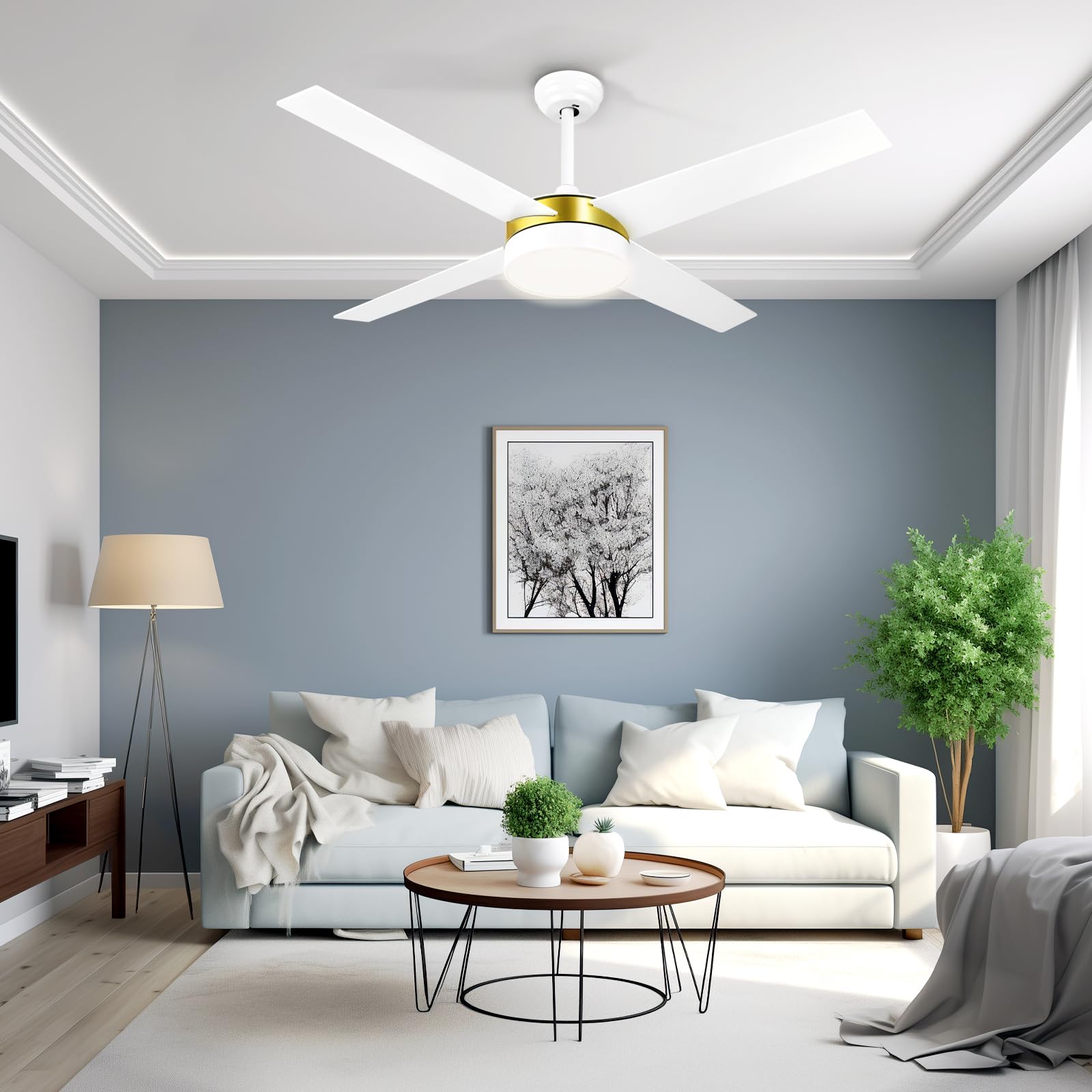 Yitahome 52 Inch White Gold Ceiling Fans With Light And Remote, Dimmable Fan For Indoor Outdoor, Modern Wood Led Fan With Quiet