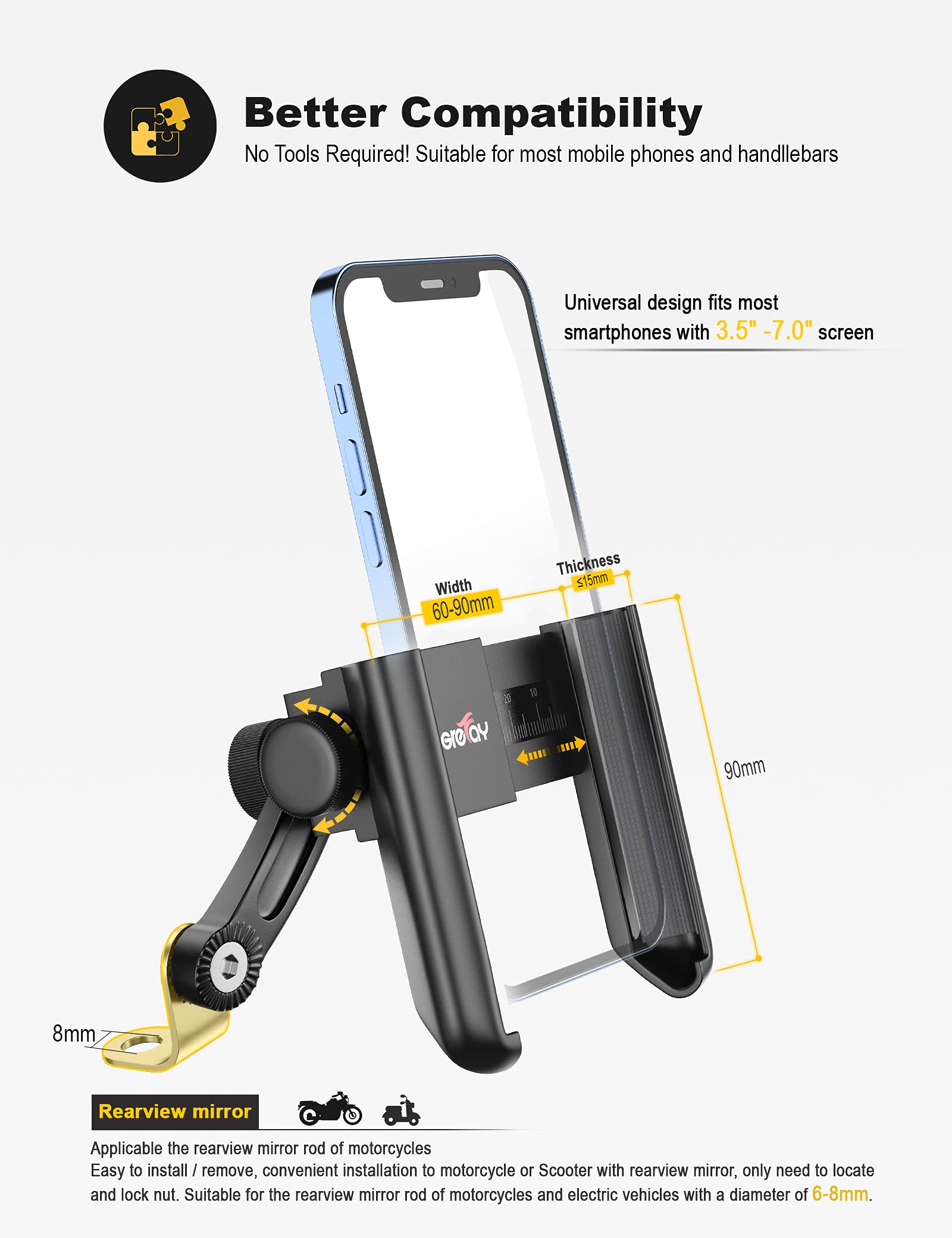 Grefay Motorcycle Phone Mount, 1S Quick Release Anti Shake Motorbike Phone Holder For 3.5 7.0 Inch Smartphone For Motorcycle Mir