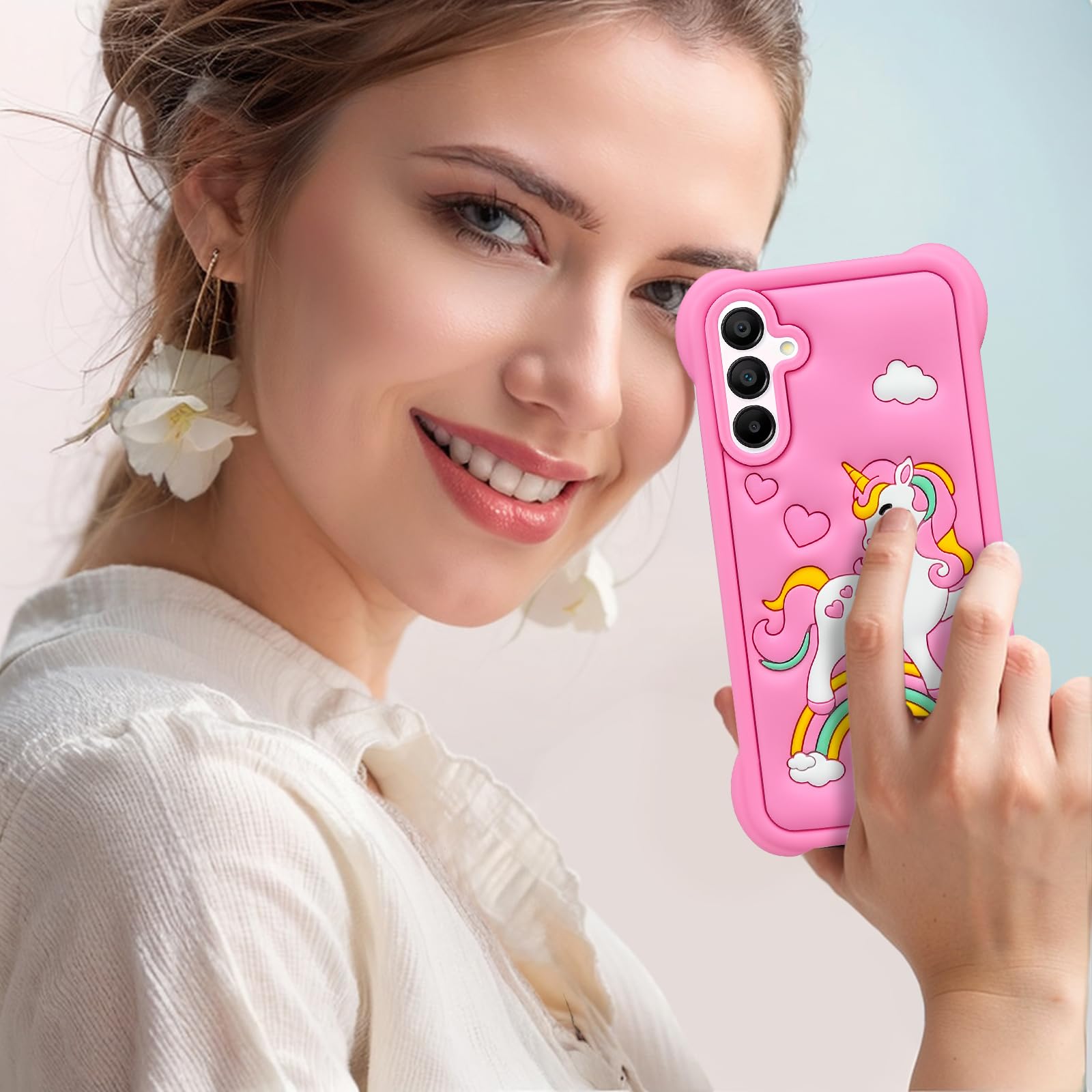 Mouzor Cute Pink Rainbow Unicorn Phone Case Compatible With Samsung Galaxy A15 5G Case, Galaxy A15 4G Horse Kawaii Animals 3D Ca