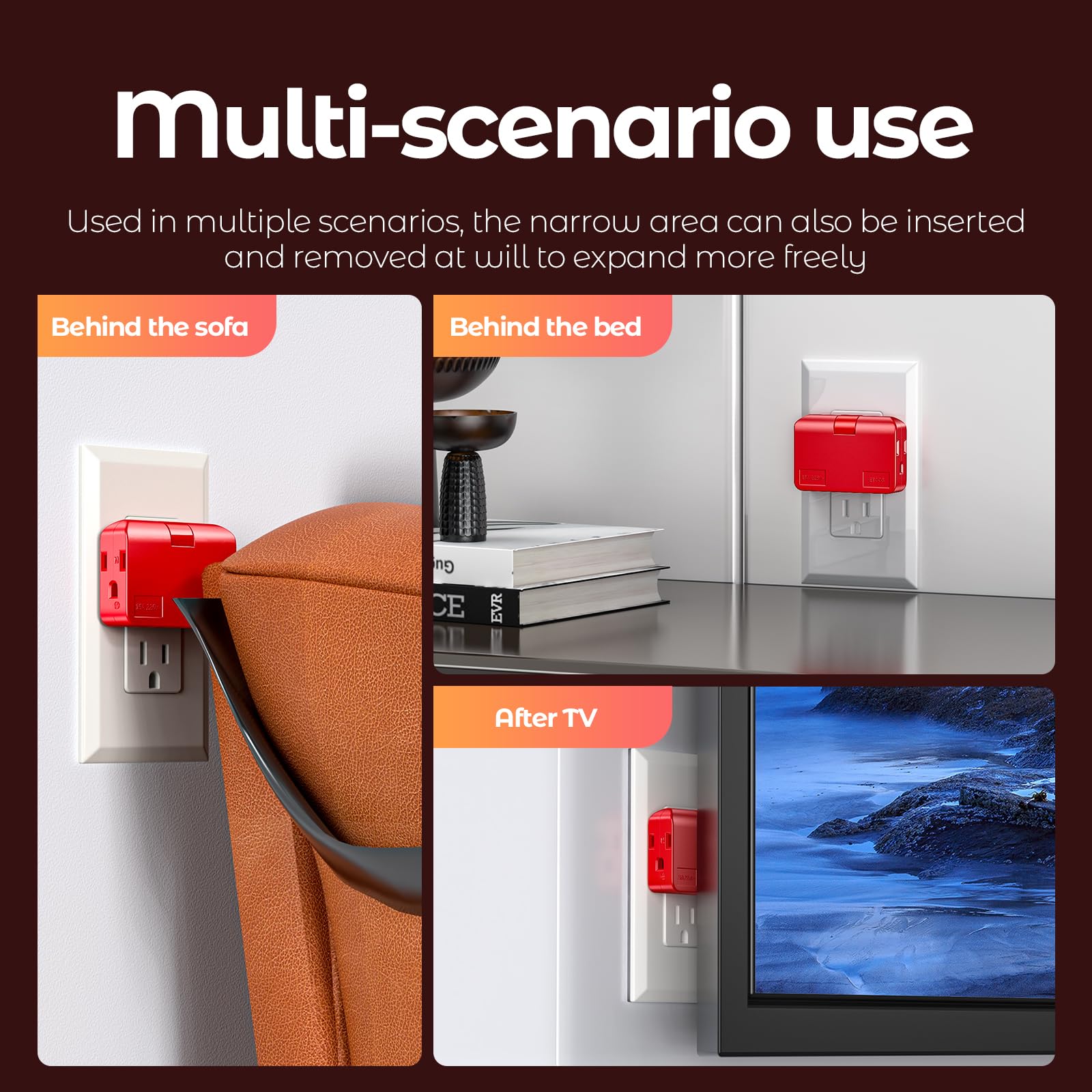 Red 3 Prong Outlet Splitter & Plug Extender   Converts 2 To 3 & 3 To 2 Prong, Multi Plug Wall Adapter, Side Plugs For Wall Outle