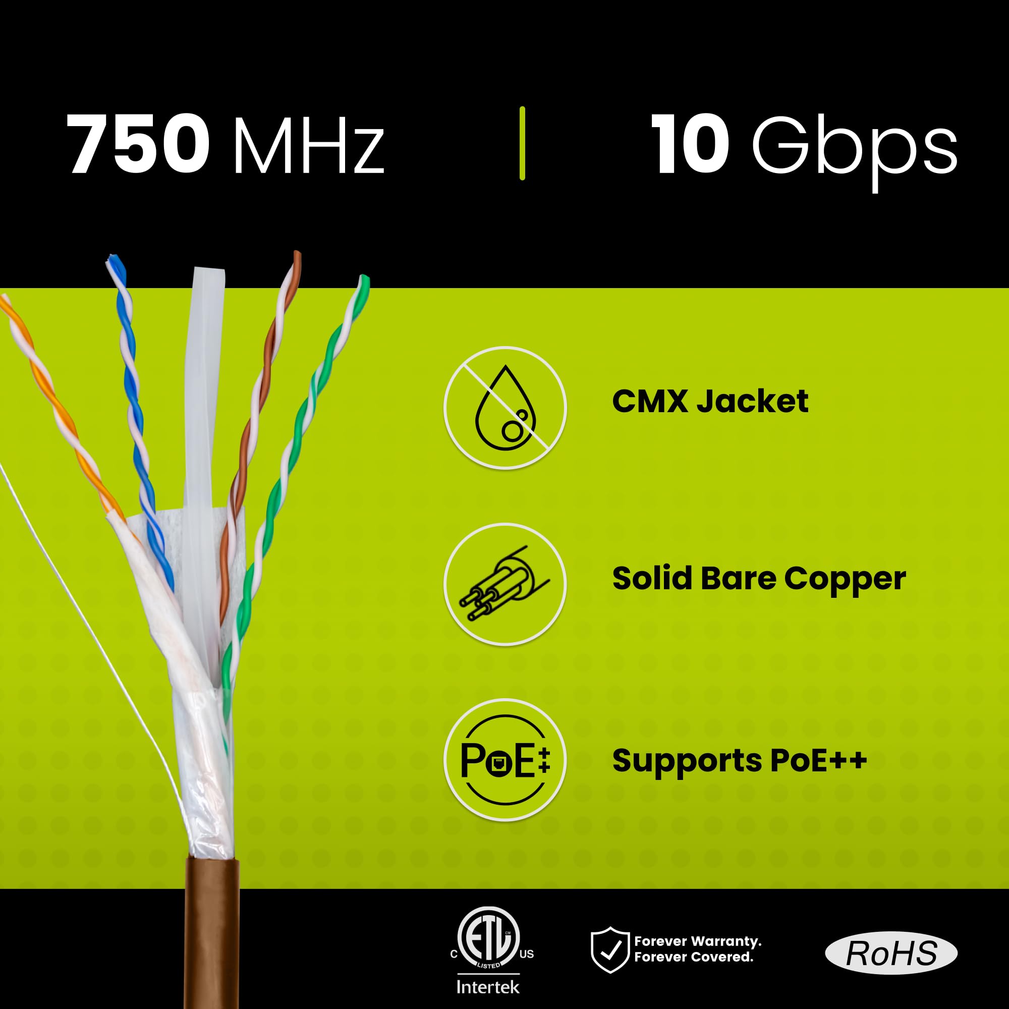 Truecable Cat6A Direct Burial, 500Ft, Waterproof, Outdoor Rated Cmx, Brown, 23Awg Solid Bare Copper, 750Mhz, Poe++ (4Ppoe), Etl Listed, Unshielded Utp, Bulk Ethernet Cable