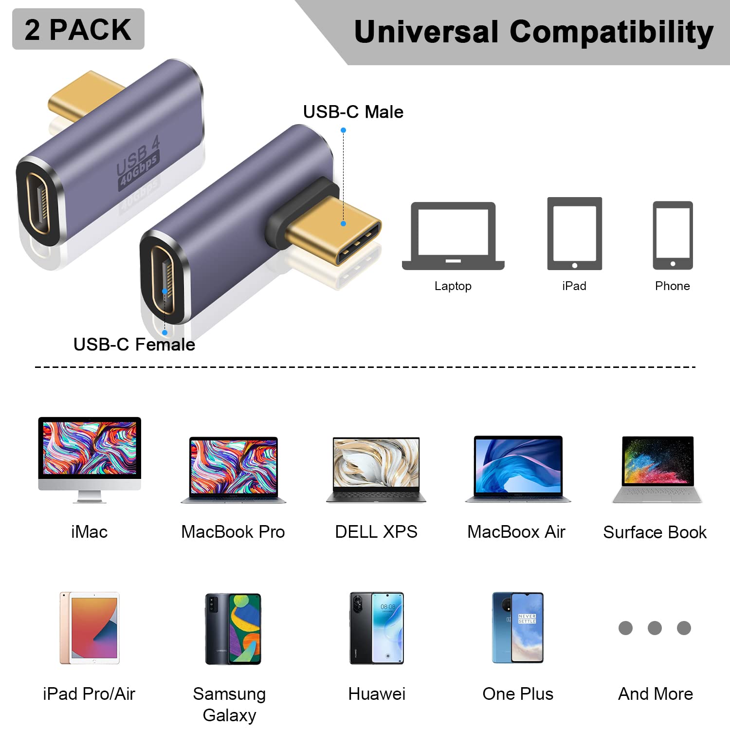 Poyiccot Usb C Right Angle Adapter 40Gbps, 8K@60Hz, 100W Usb C 90 Degree Adapter, Right Angle Type C Male To Female Extender Thunderbolt 4 Connector For Iphone/Tablet/Pc/Galaxy S23, 2 Pack