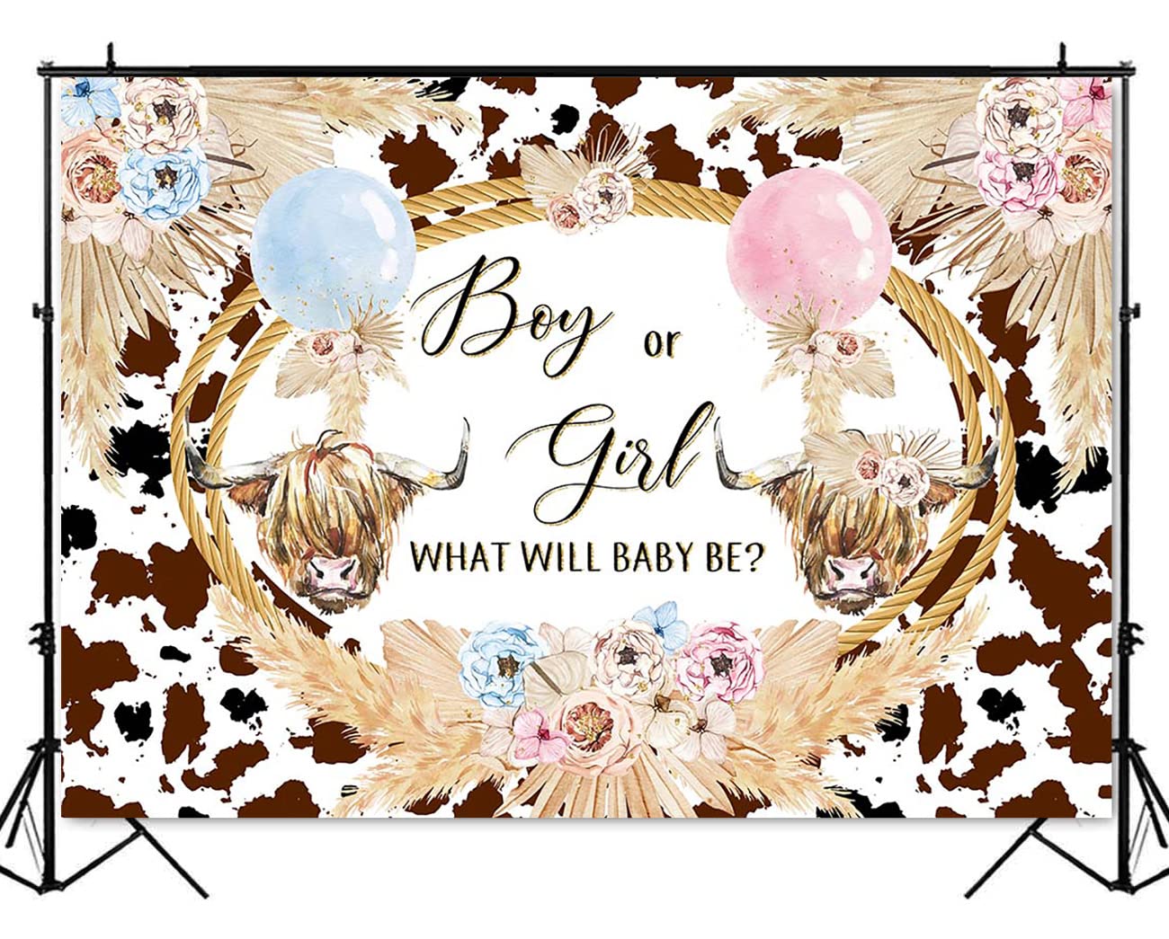 Mocsicka Highland Cow Gender Reveal Backdrop Boho Highland Cow Boy Or Girl Party Decorations Holy Cow Gender Reveal Cake Table B