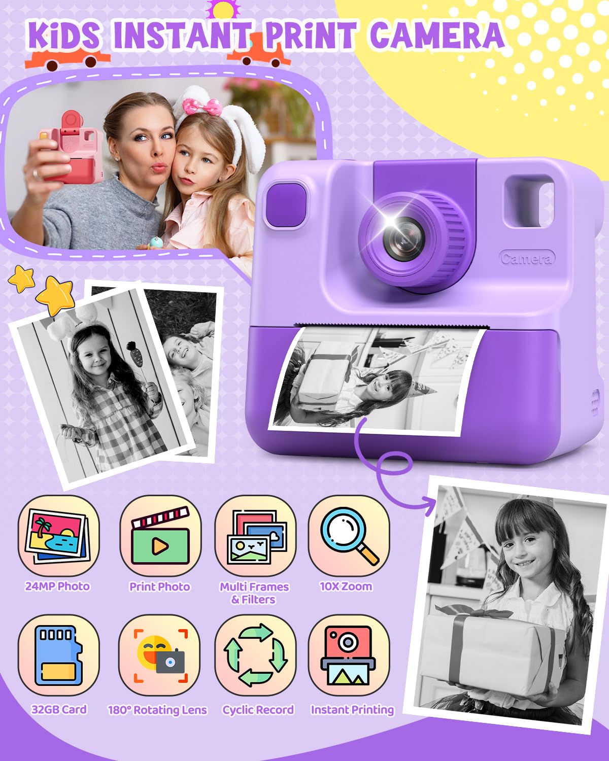 Kids Camera Instant Print, Christmas Birthday Gifts For Toddle Girls Boys Age 3 12, 24Mp & 1080P Video Selfie Digital Camera Wit