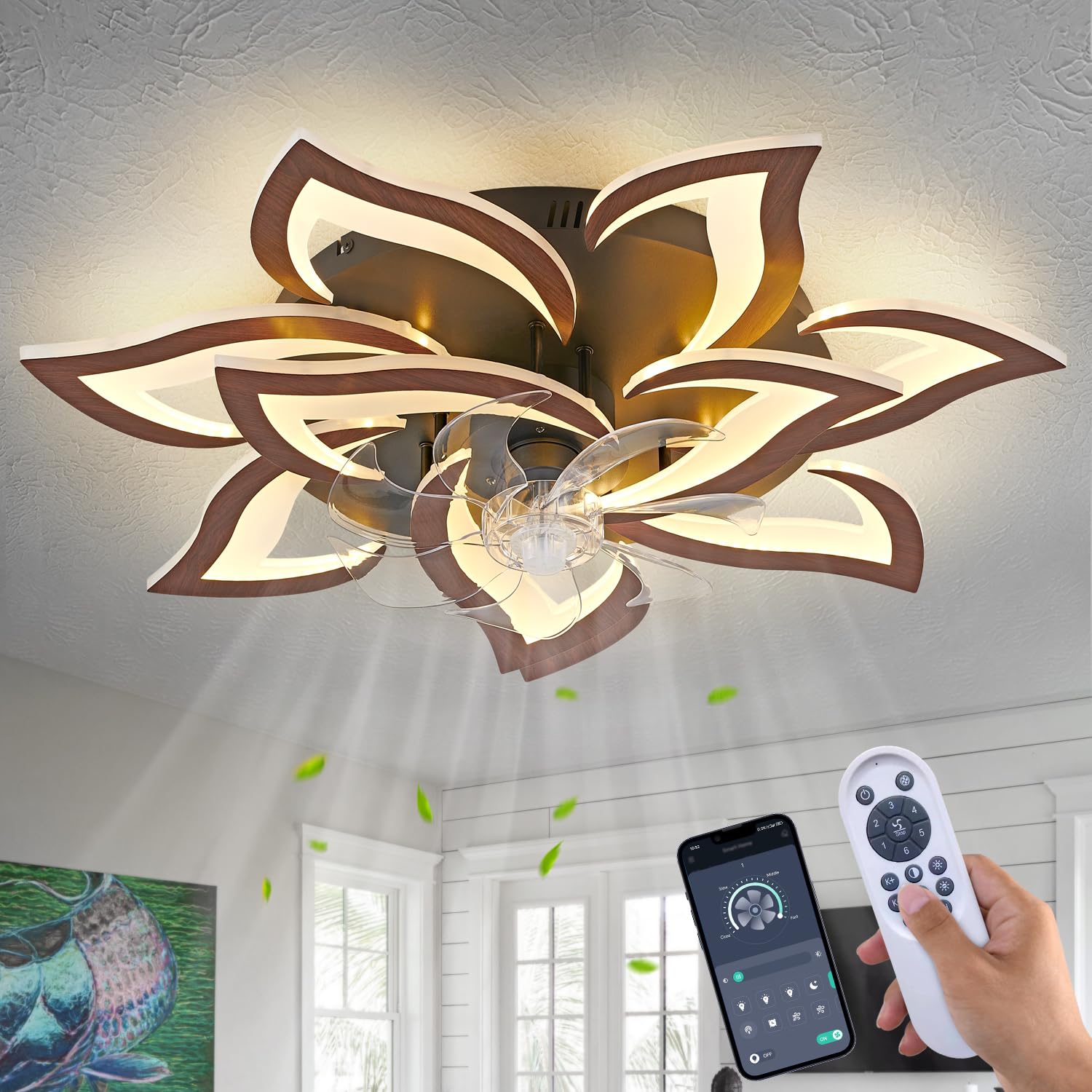 HuixuTe 32 Ceiling Fan with Lights Remote Control, 6 Speeds 3 Colors Modern Geometric Ceiling Fan, Wood Low Profile Ceiling Fan 