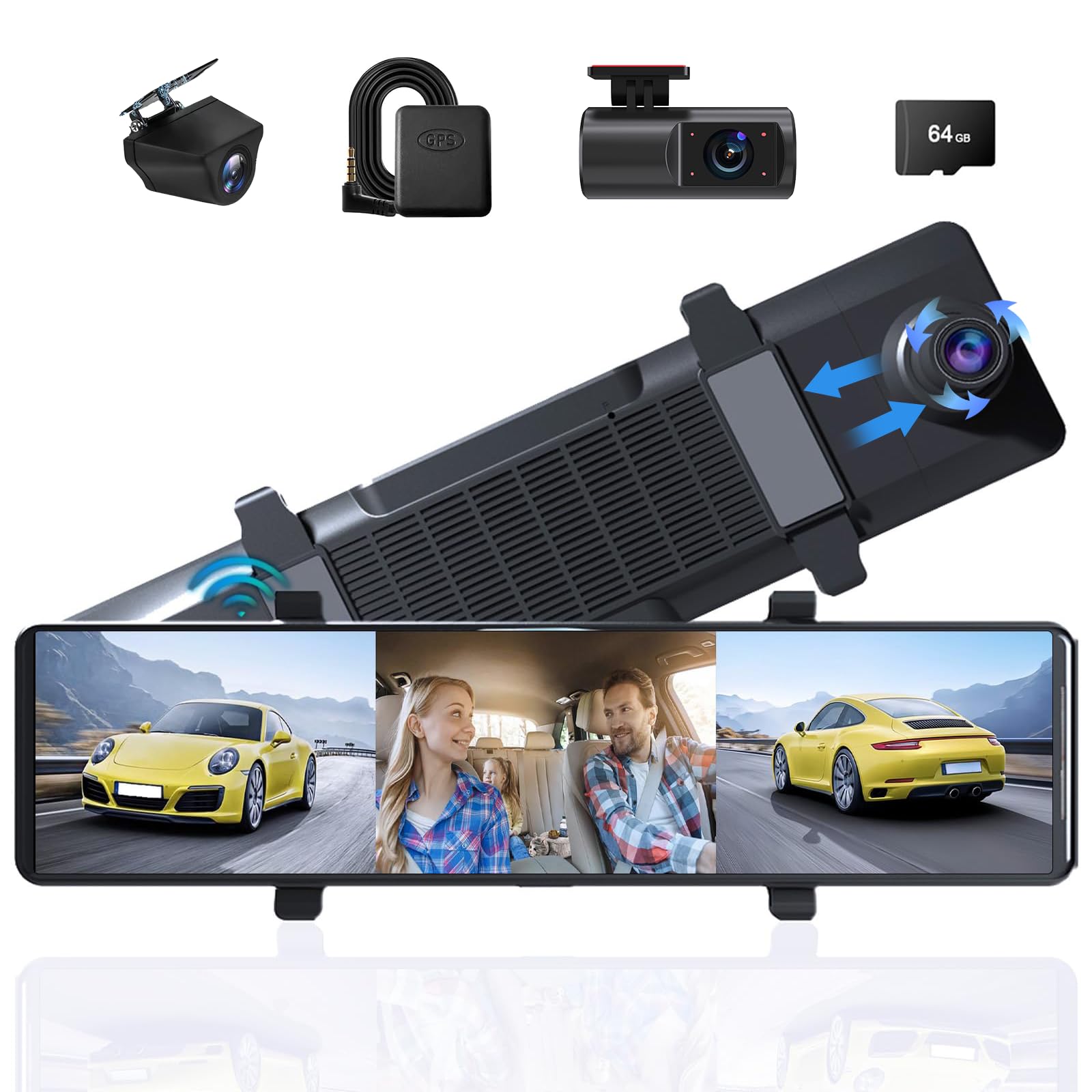 Aprilbay 3 Channel Rear View Mirror Camera, 12'' Hd Mirror Dash Cam Front, Inside And Rear With Wifi, Gps, G Sensor, Reverse Ass