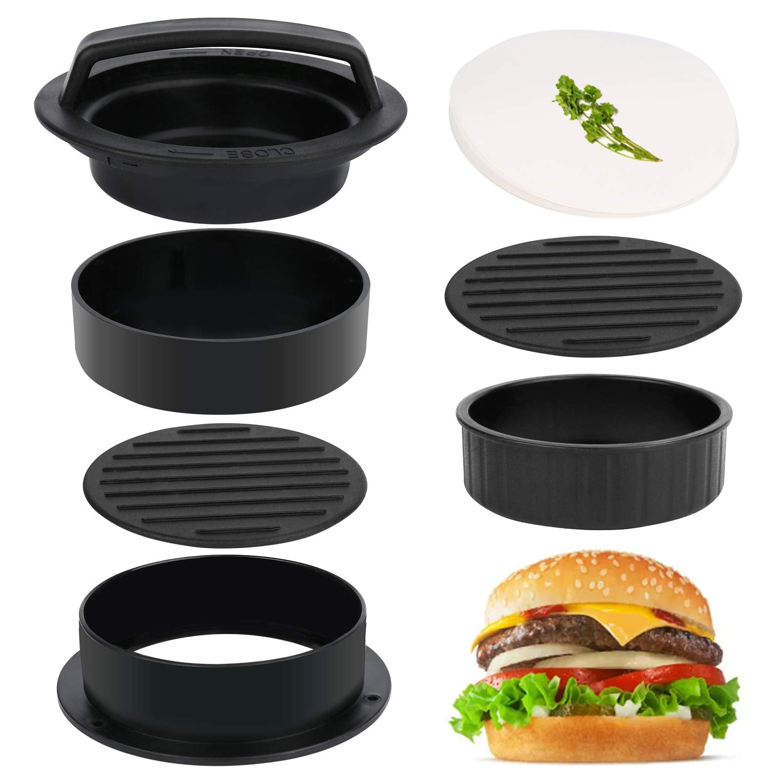 3 In 1 Stuffed Burger Press Patty Maker Rings Molds Kit, Non Stick Stuffer Hamburger Press Patty Maker   With 100 Pcs Wax Hambur