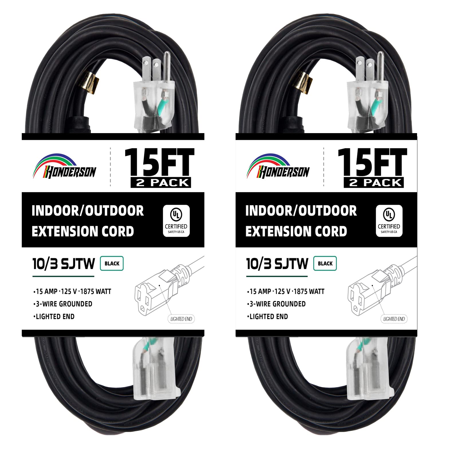 Honderson 2 Pack Indoor Outdoor Extension Cord Weatherproof With Lighted End, Ul Listed, 10 Gauge 15Ft Black 3 Prong Heavy Duty