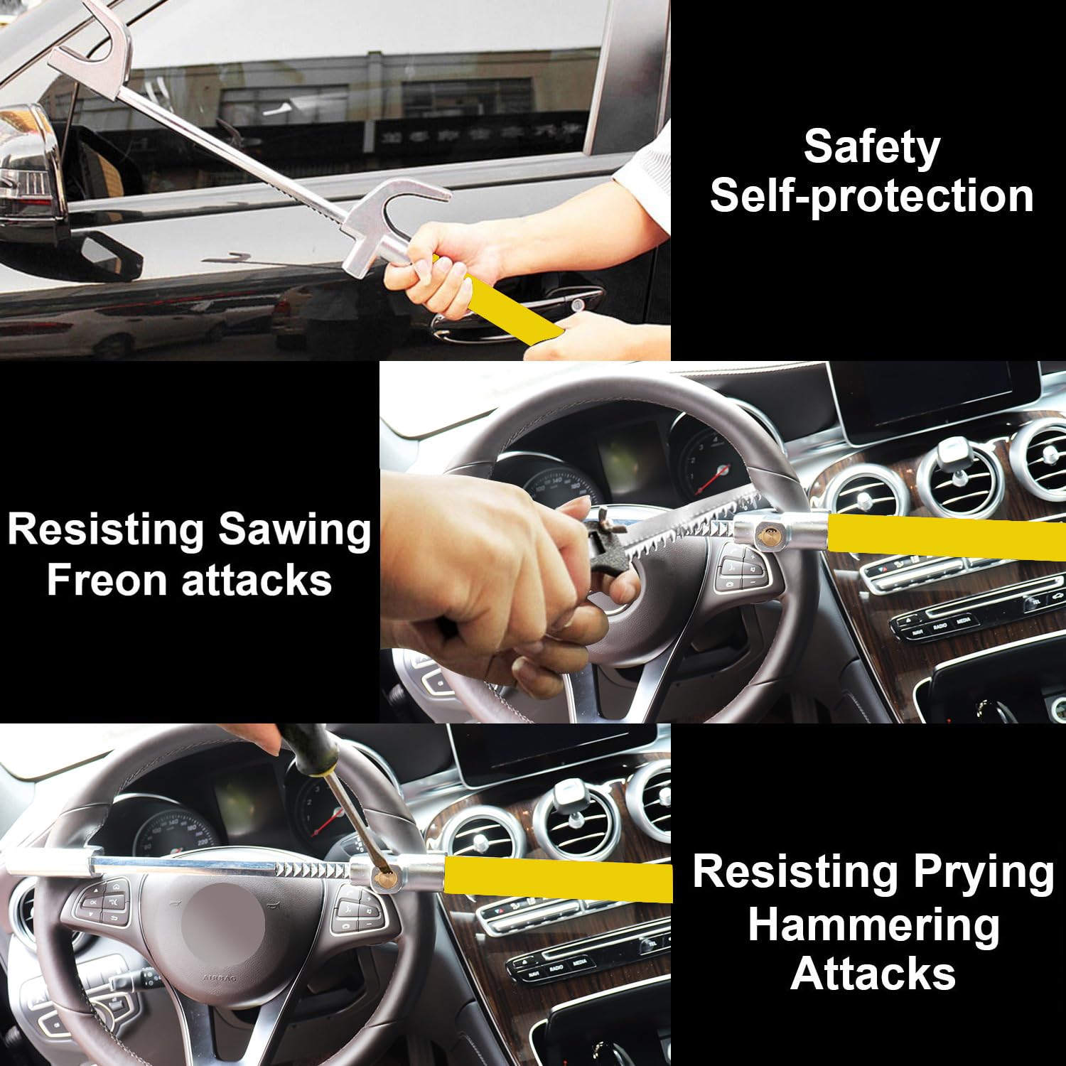 Tevlaphee Steering Wheel Lock Anti Theft Car Device Universal Car Theft Prevention Car Lock Adjustable Double Hook Emergency Ham
