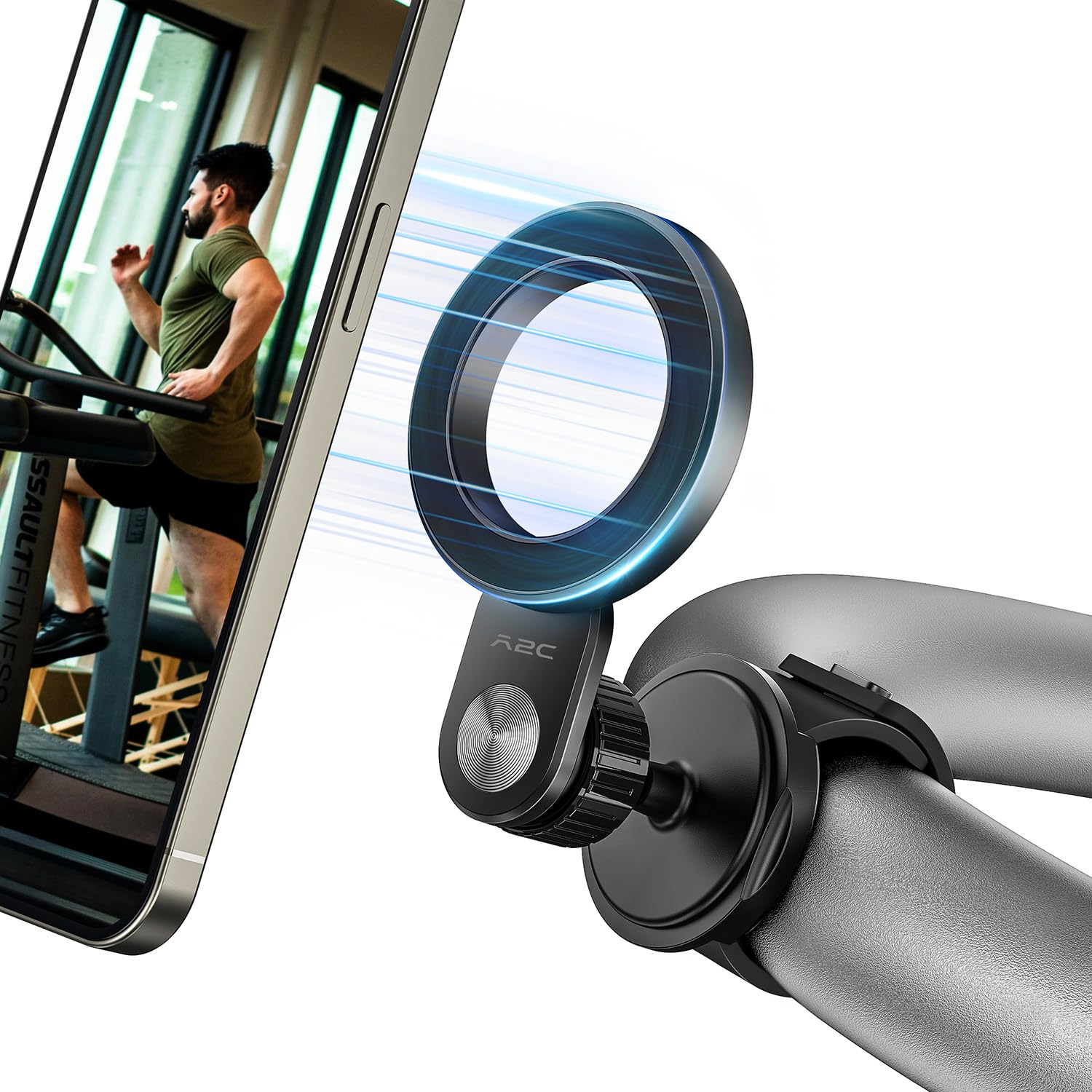 A2C Adjustable Strap Magnetic Bar Phone Mount For Peloton Treadmill, Exercise/Stationary Bikes, Stroller, Shopping Cart, Fits 0.