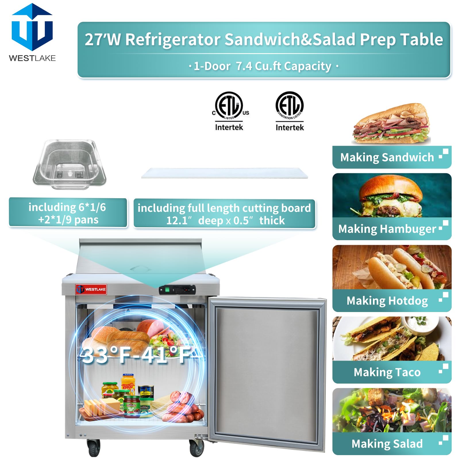 Westlake 60'' W 2 Door Refrigerator - Sandwich & Salad Prep Table - Commercial Mega Top - Stainless Steel Counter - Fan Cooling
