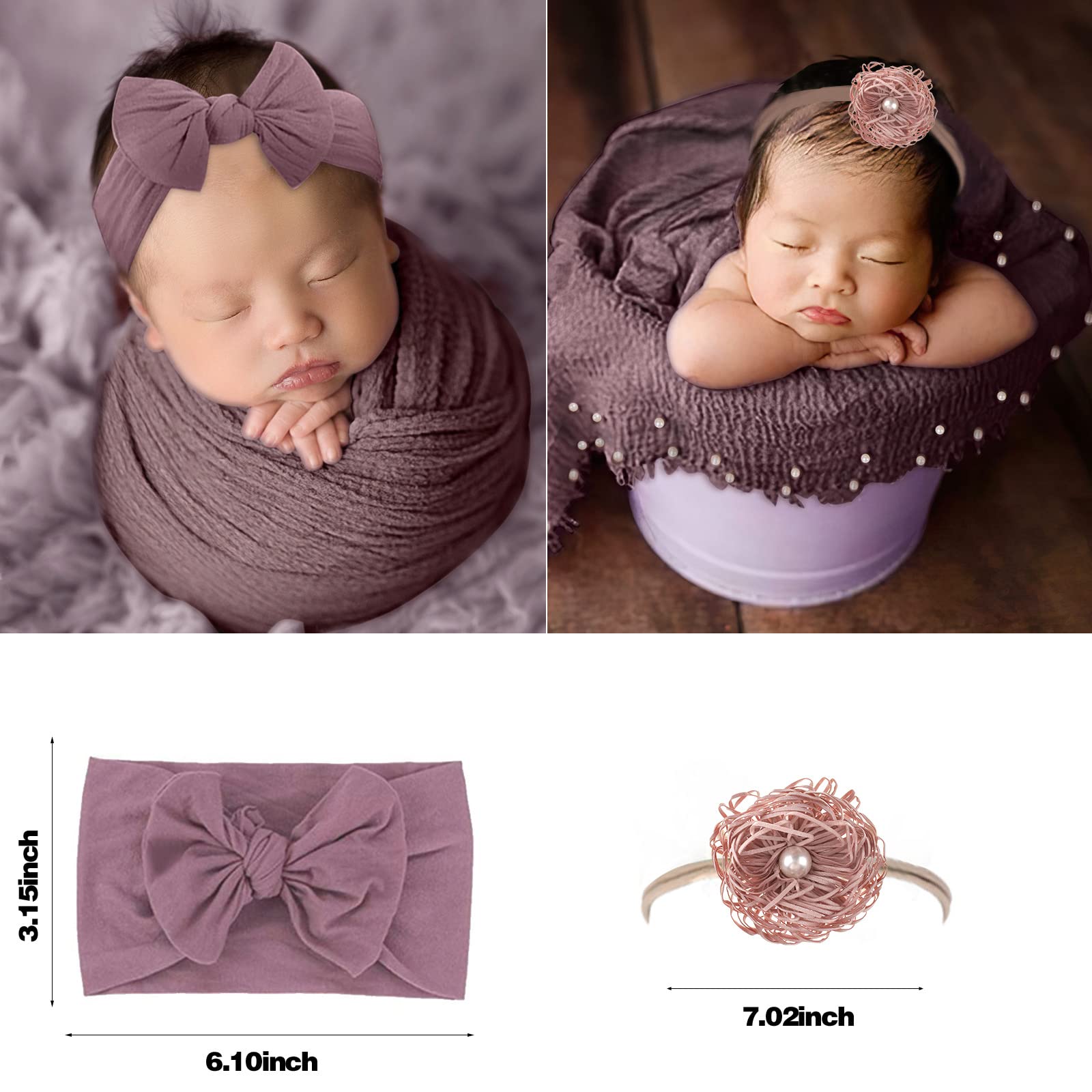 Aoke 5 Pcs Newborn Photography Wrap Props Kit, Newborn Photo Props Long Ripple Wraps Diy Blanket With Flower Headbands, Purple T