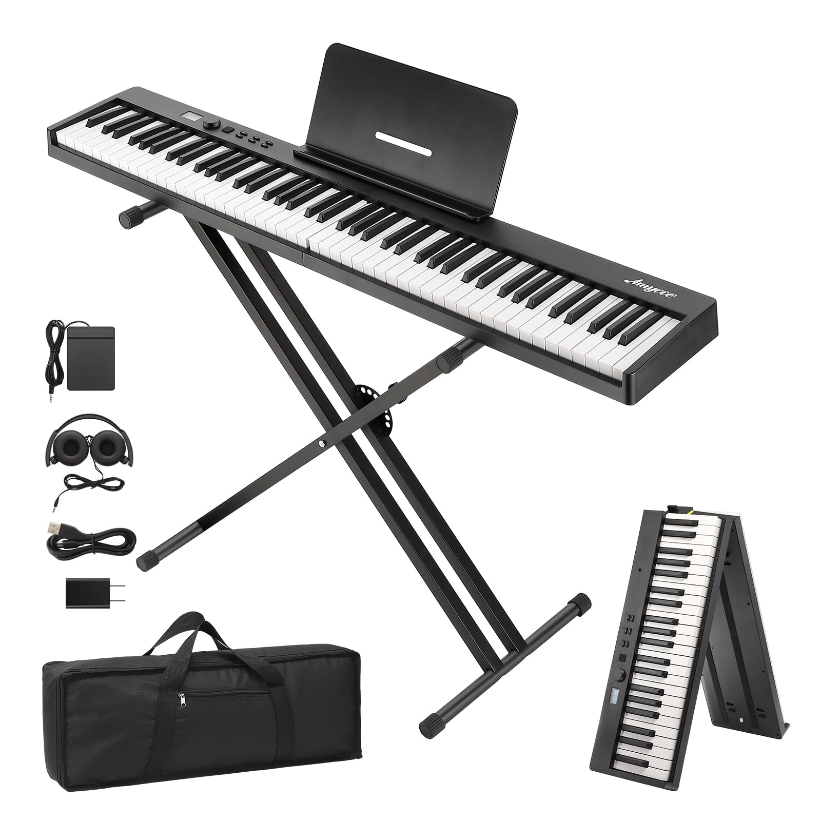 88-Key Folding Portable Keyboard with Accessories, Compact and Lightweight Electric Piano for Travel Practice, Home Use and Musi