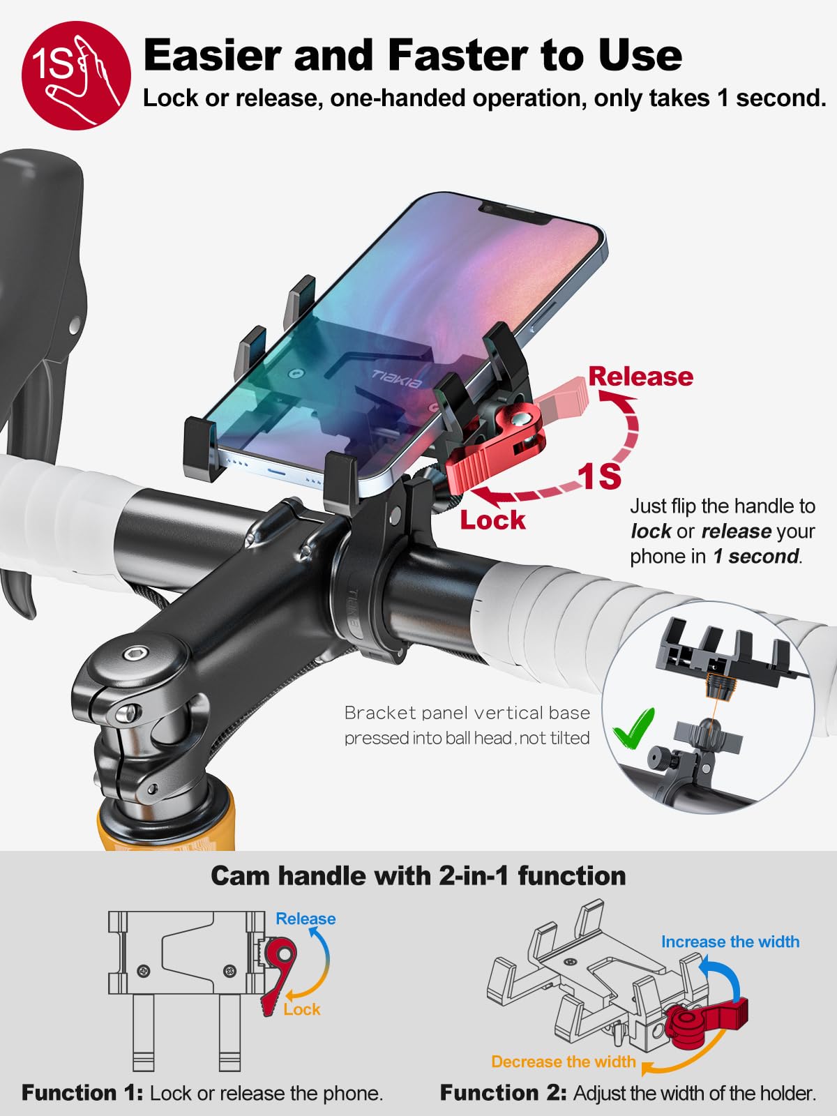 Tiakia Bike Phone Mount Holder, Aluminum Motorcycle Phone Mount, Handlebar Mounted Cell Phone Holder For Bike, 360 Rotation, Uni